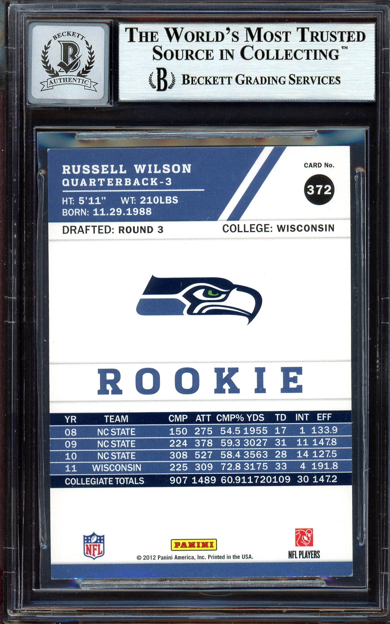 Russell Wilson Autographed 2012 Score Rookie Card #372 Seattle Seahawks Auto Grade Gem Mint 10 Beckett BAS #13315358 - Image 2
