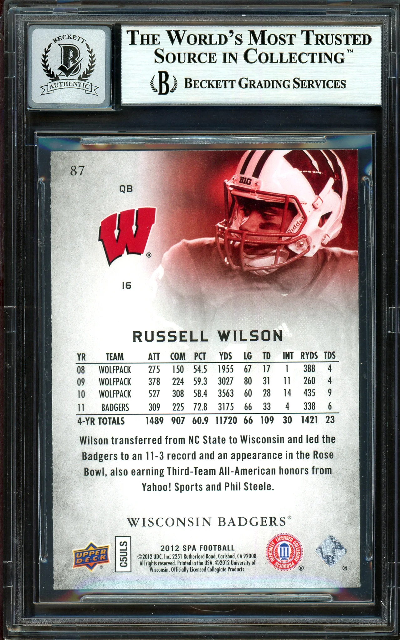 Russell Wilson Autographed 2012 SP Authentic Rookie Card #87 Seattle Seahawks Auto Grade Gem Mint 10 Beckett BAS #13315360 - Image 2