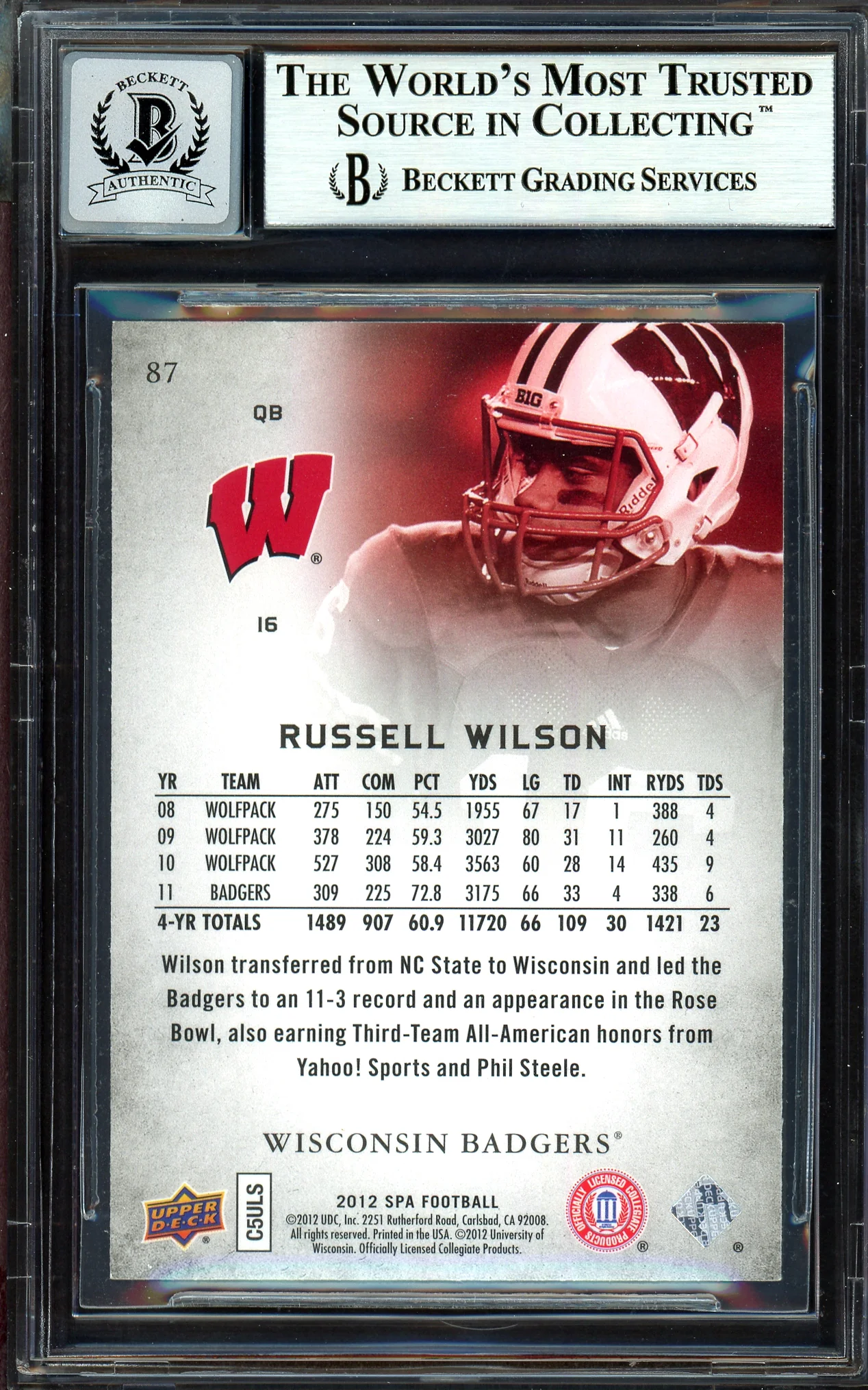 Russell Wilson Autographed 2012 SP Authentic Rookie Card #87 Seattle Seahawks Auto Grade Gem Mint 10 Beckett BAS #13315362 - Image 2