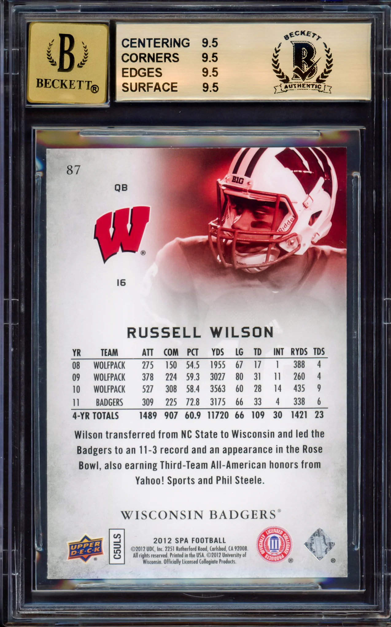 Russell Wilson Autographed 2012 SP Authentic Rookie Card #87 Wisconsin Badgers BGS 9.5 Auto Grade Gem Mint 10 Beckett BAS Stock #214871 - Image 2