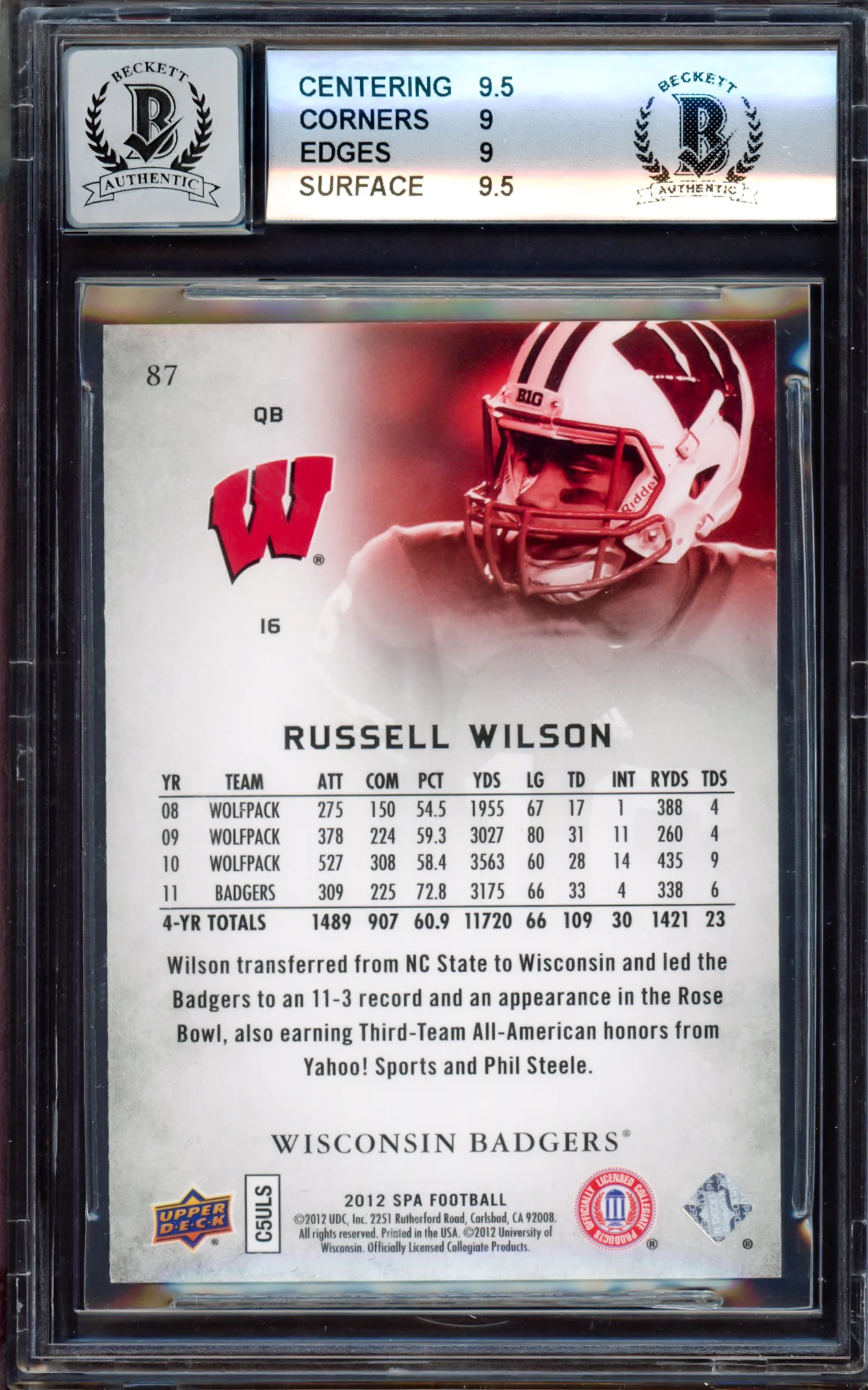 Russell Wilson Autographed 2012 SP Authentic Rookie Card #87 Wisconsin Badgers BGS 9 Auto Grade Gem Mint 10 Beckett BAS Stock #214872 - Image 2