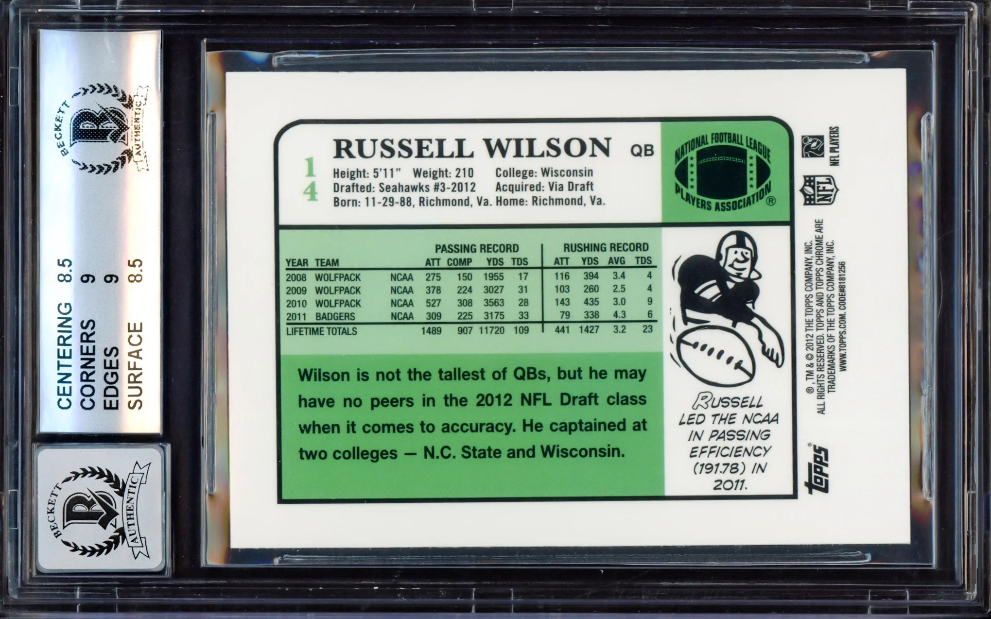 Russell Wilson Autographed 2012 Topps Chrome 1984 Rookie Card #14 Seattle Seahawks BGS 8.5 Auto Grade Gem Mint 10 Beckett BAS #15530162 - Image 2