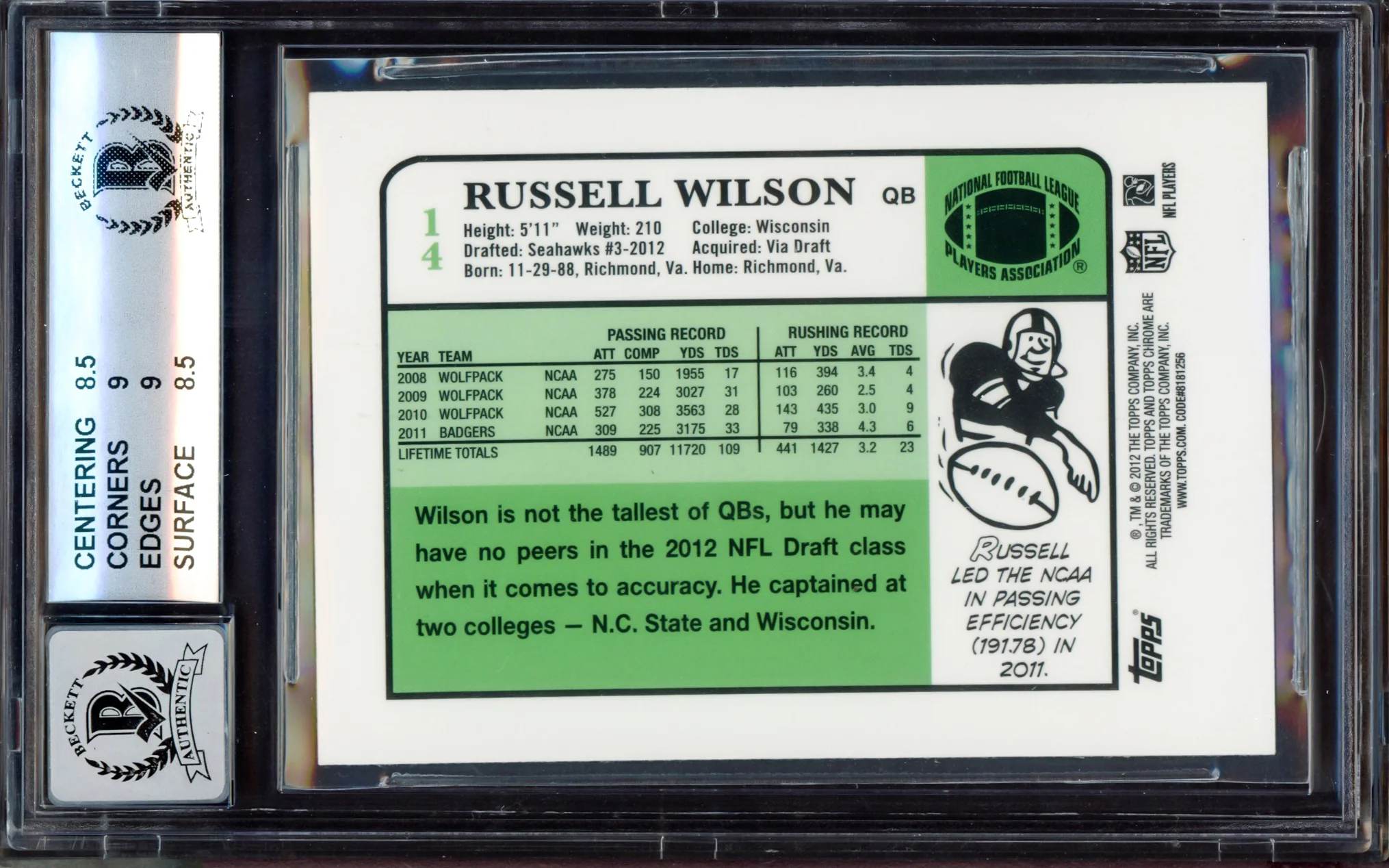 Russell Wilson Autographed 2012 Topps Chrome 1984 Rookie Card #14 Seattle Seahawks BGS 8.5 Auto Grade Gem Mint 10 Beckett BAS #15530163 - Image 2