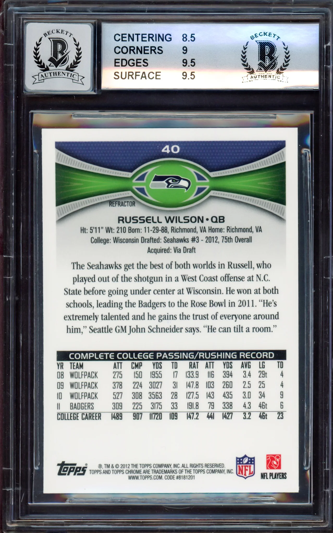 Russell Wilson Autographed 2012 Topps Chrome Orange Refractor Rookie Card #40 Seattle Seahawks BGS 9 Auto Grade Gem Mint 10 Beckett BAS #15530059 - Image 4
