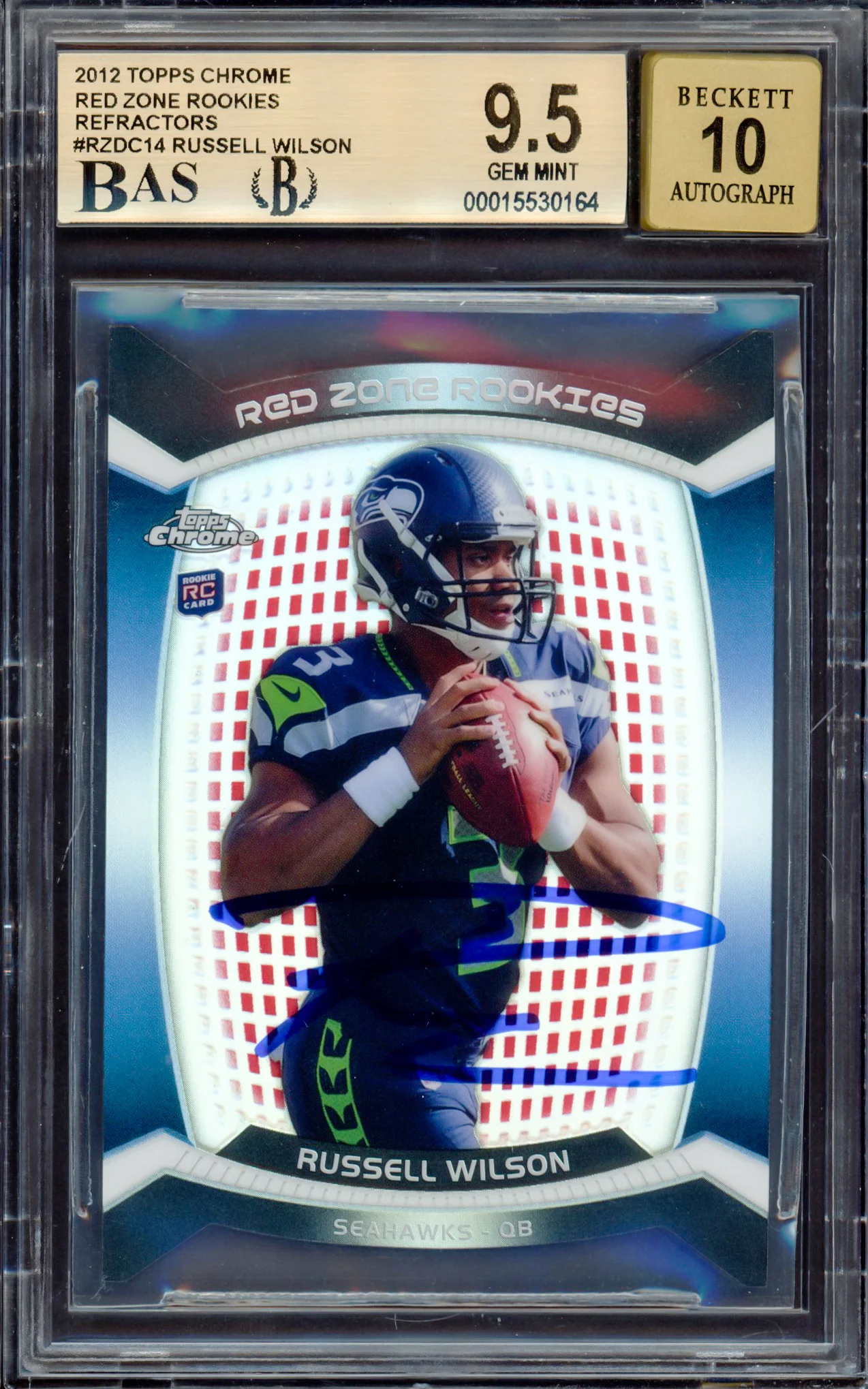 Russell Wilson Autographed 2012 Topps Chrome Red Zone Rookie Refractor Rookie Card #RZDC-14 Seattle Seahawks BGS 9.5 Auto Grade Gem Mint 10 Beckett BAS #15530164 - Image 2