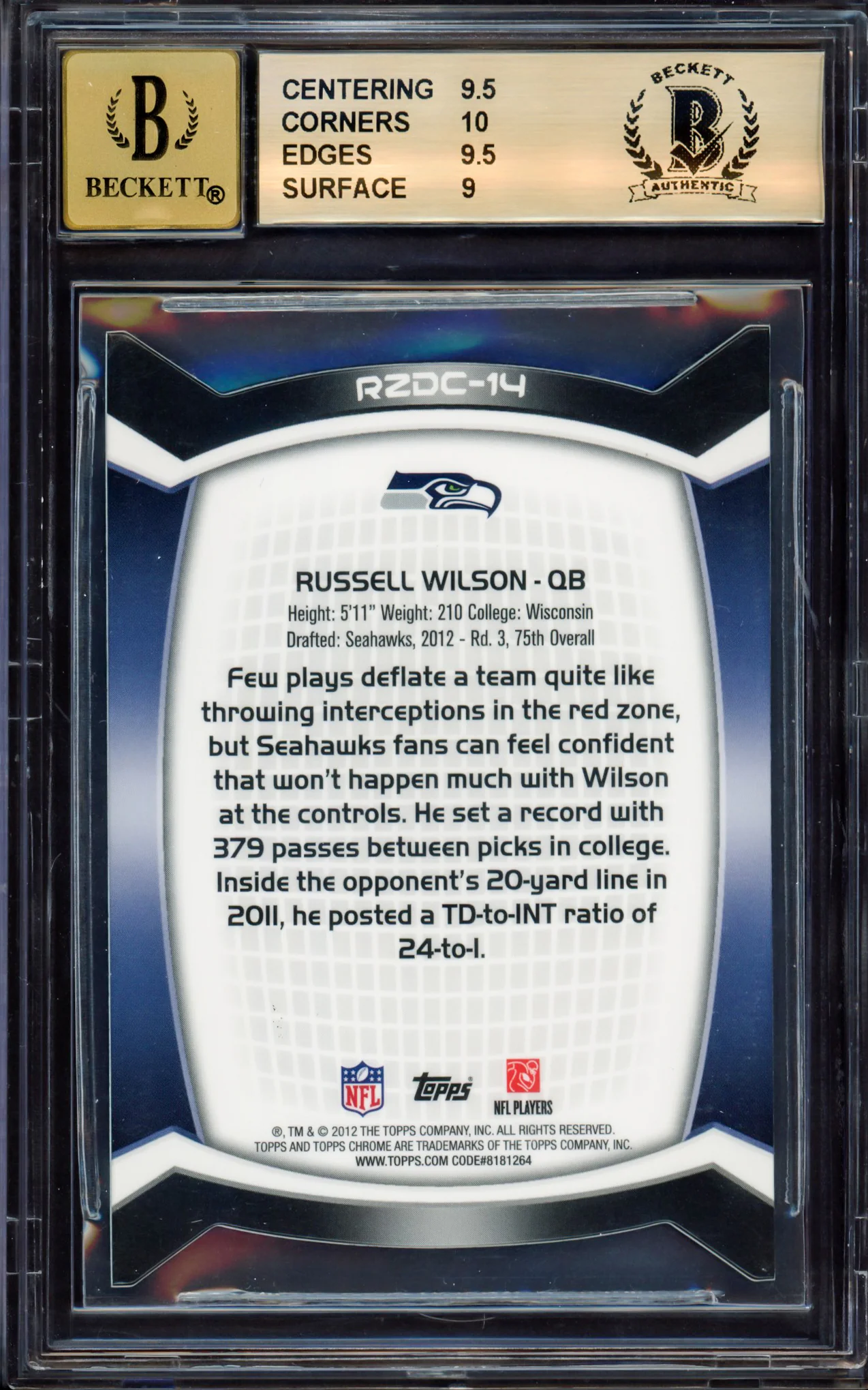 Russell Wilson Autographed 2012 Topps Chrome Red Zone Rookie Refractor Rookie Card #RZDC-14 Seattle Seahawks BGS 9.5 Auto Grade Gem Mint 10 Beckett BAS #15530164 - Image 3