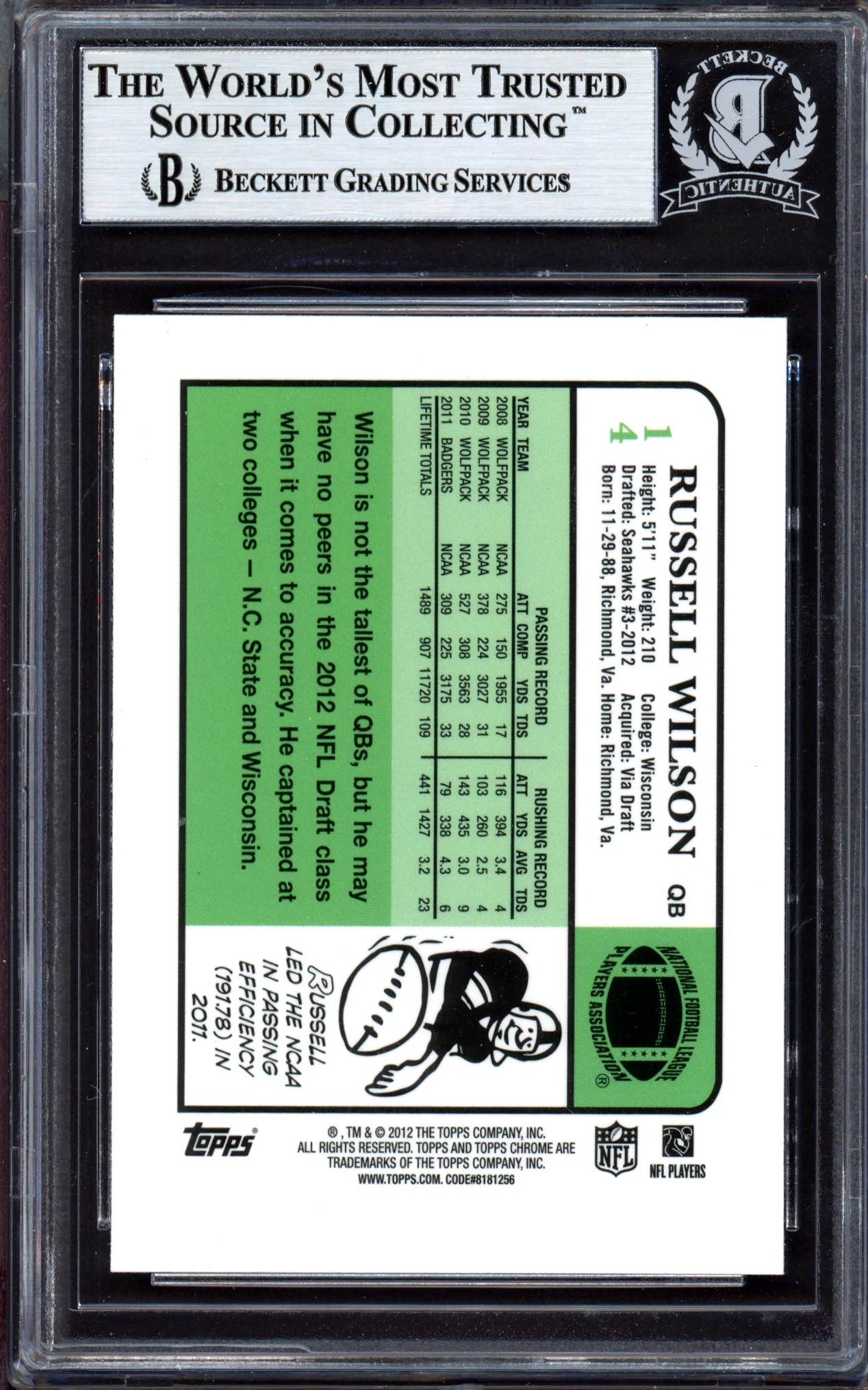 Russell Wilson Autographed 2012 Topps Chrome Rookie Card #14 Seattle Seahawks Beckett BAS #13447119 - Image 2