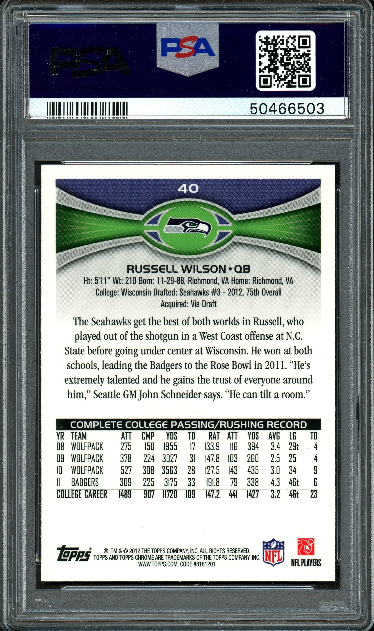 Russell Wilson Autographed 2012 Topps Chrome Rookie Card #40 Seattle Seahawks Auto Grade 9 Card Grade Mint 9 PSA/DNA #50466503 - Image 2
