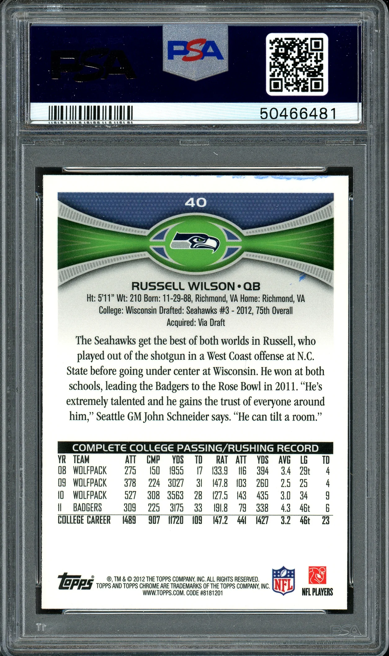 Russell Wilson Autographed 2012 Topps Chrome Rookie Card #40 Seattle Seahawks Auto Grade 9 PSA/DNA #50466481 - Image 2