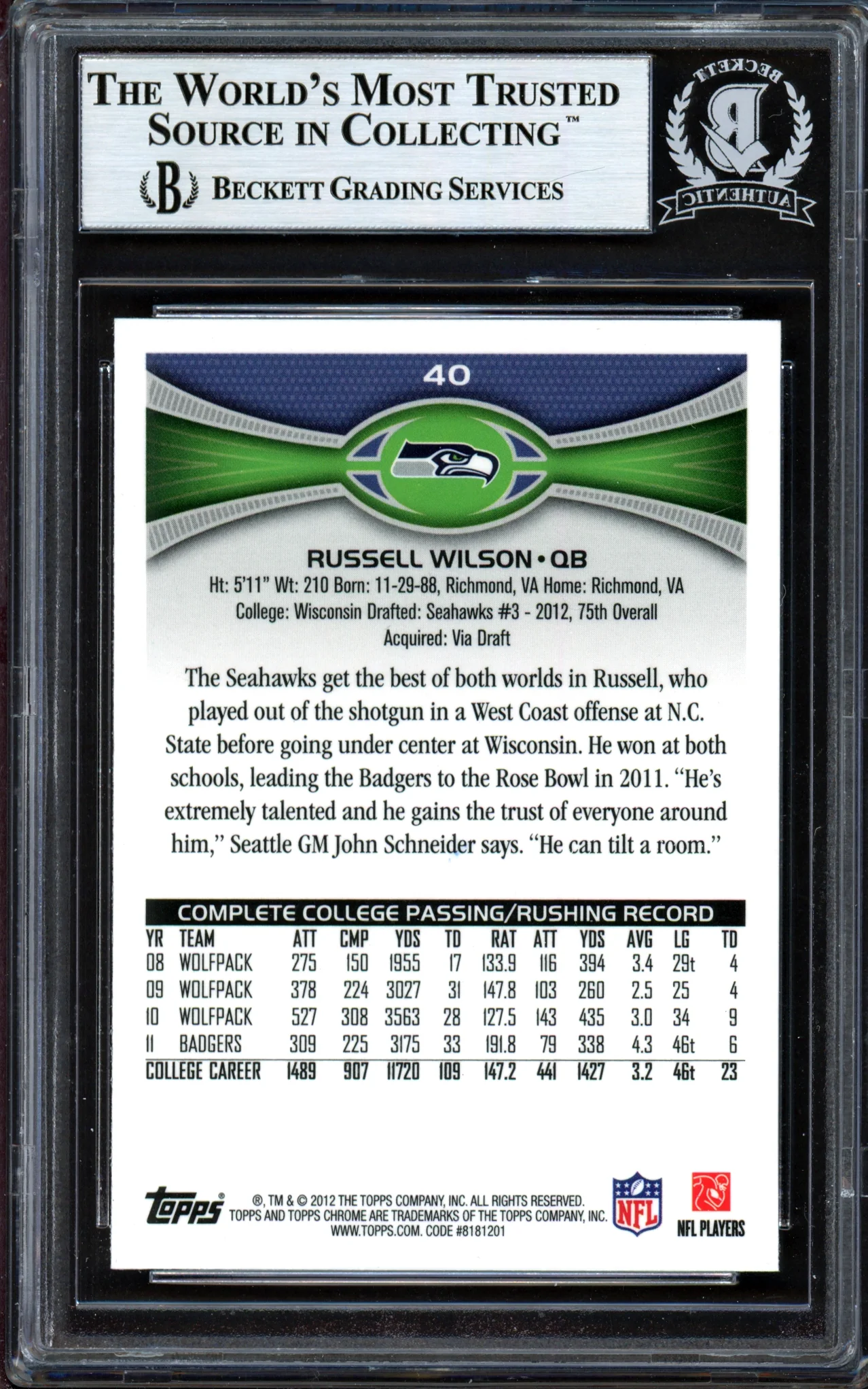 Russell Wilson Autographed 2012 Topps Chrome Rookie Card #40 Seattle Seahawks Beckett BAS #13447110 - Image 2