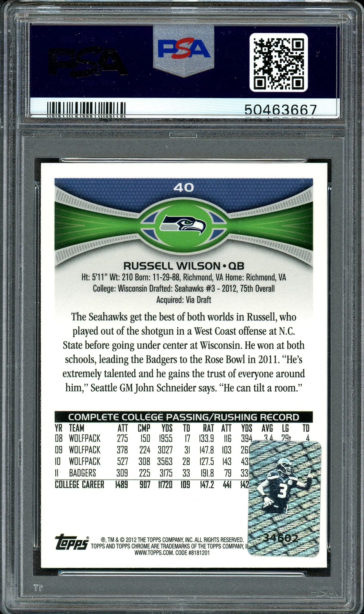 Russell Wilson Autographed 2012 Topps Chrome Rookie Card #40 Seattle Seahawks Card Grade NM-MT 8 PSA/DNA #50463667 - Image 2