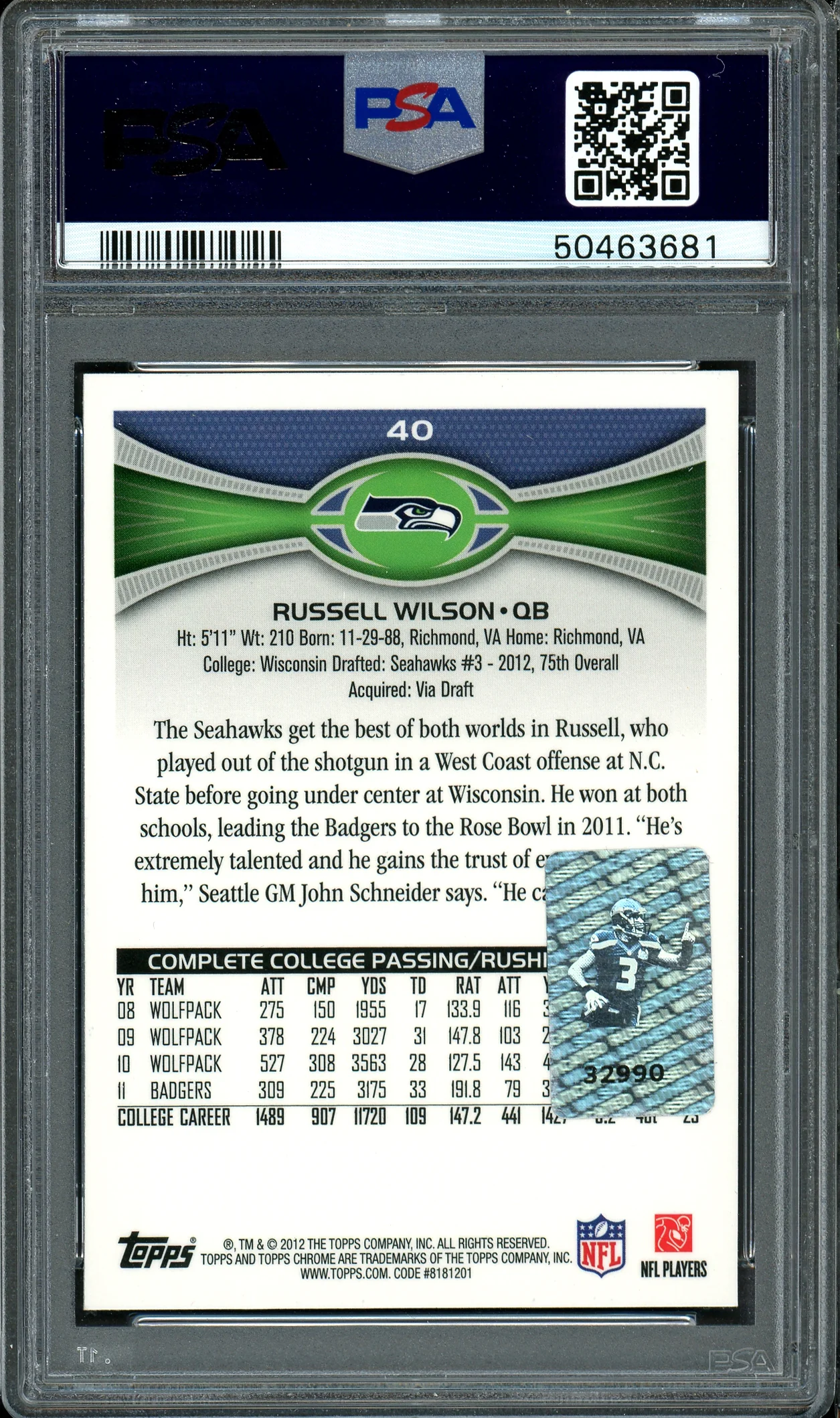 Russell Wilson Autographed 2012 Topps Chrome Rookie Card #40 Seattle Seahawks Card Grade NM-MT 8 PSA/DNA #50463681 - Image 2
