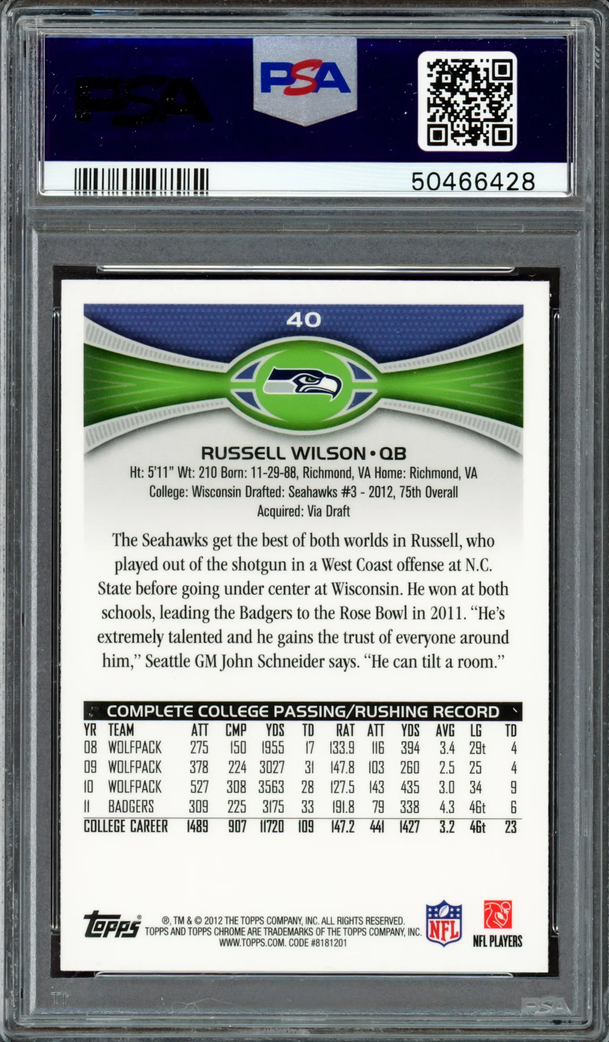 Russell Wilson Autographed 2012 Topps Chrome Rookie Card #40 Seattle Seahawks PSA 8 Auto Grade Mint 9 PSA/DNA #50466428 - Image 2