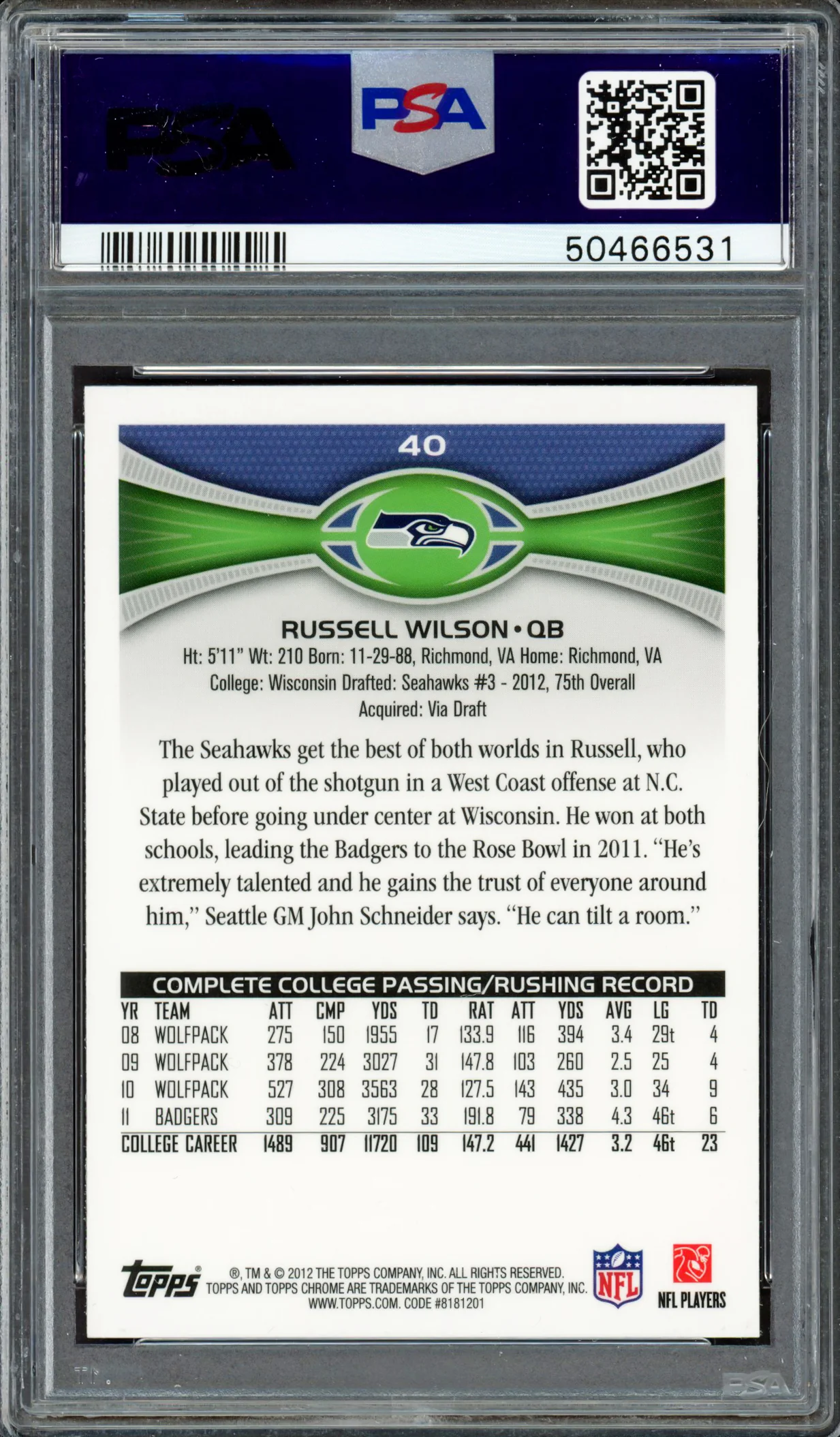 Russell Wilson Autographed 2012 Topps Chrome Rookie Card #40 Seattle Seahawks PSA 8 Auto Grade Mint 9 PSA/DNA #50466531 - Image 2