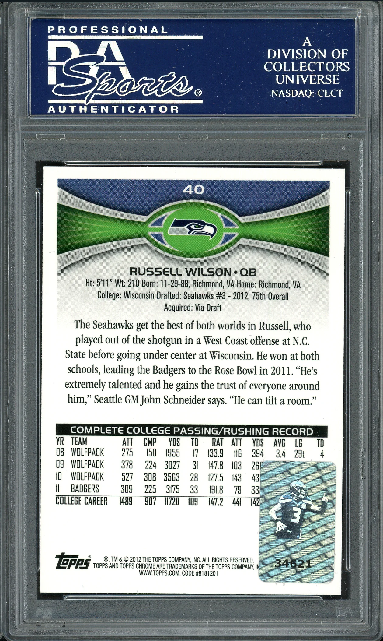 Russell Wilson Autographed 2012 Topps Chrome Rookie Card #40 Seattle Seahawks PSA/DNA #83812152 - Image 2