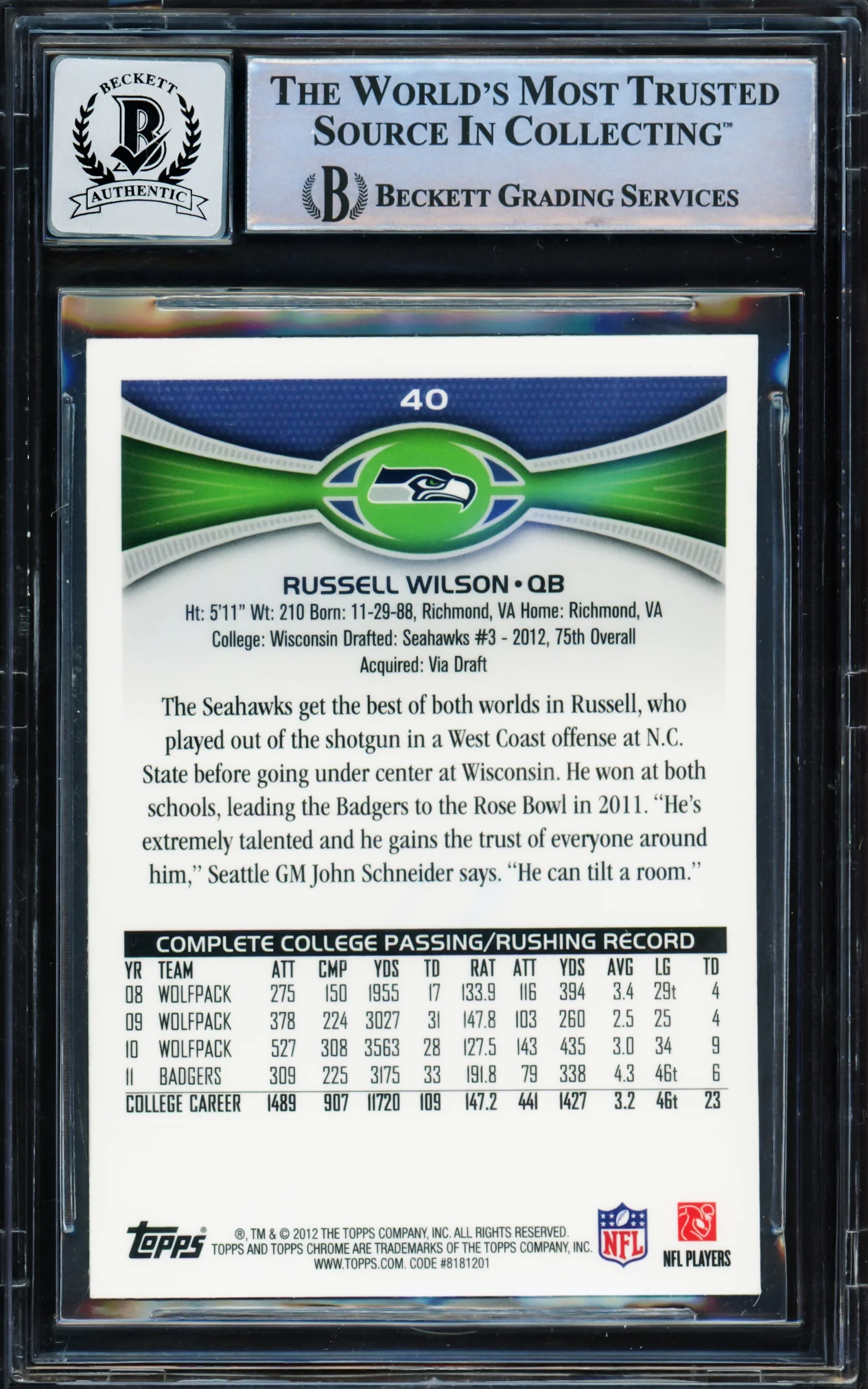 Russell Wilson Autographed 2012 Topps Chrome Rookie Card #40A Seattle Seahawks Auto Grade Gem Mint 10 Beckett BAS Stock #220151 - Image 2