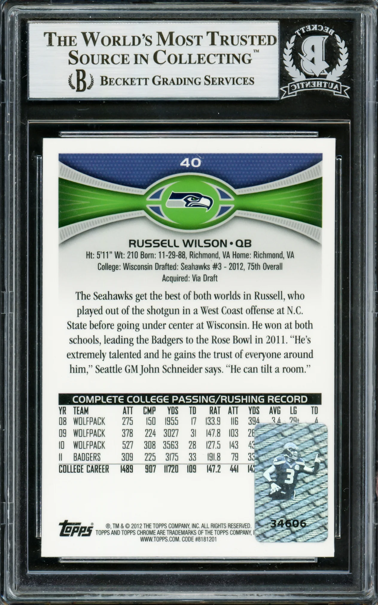 Russell Wilson Autographed 2012 Topps Chrome Rookie Card #40A Seattle Seahawks Beckett BAS #13020970 - Image 2