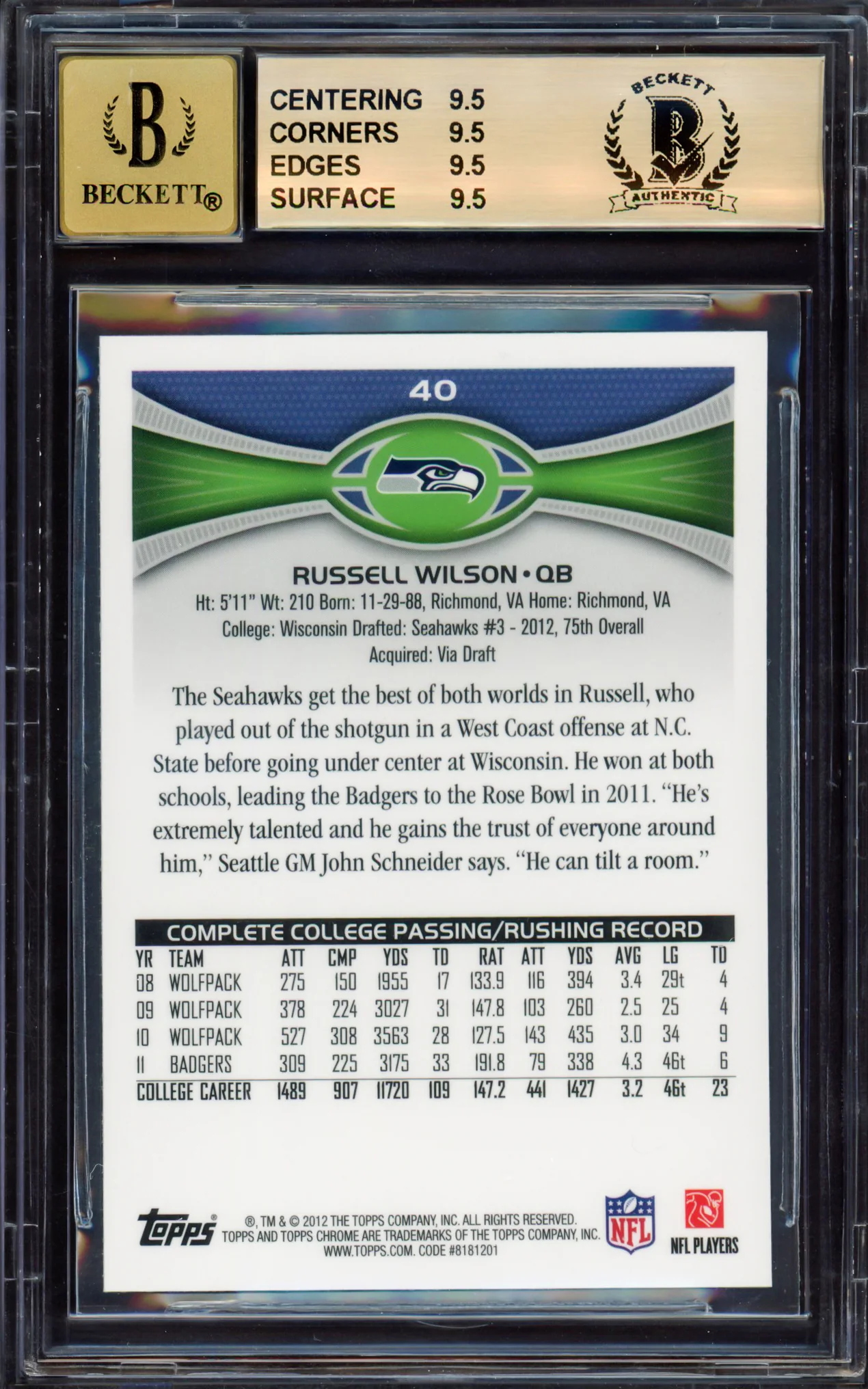 Russell Wilson Autographed 2012 Topps Chrome Rookie Card #40A Seattle Seahawks BGS 9.5 Auto Grade Gem Mint 10 Beckett BAS #15530055 - Image 2