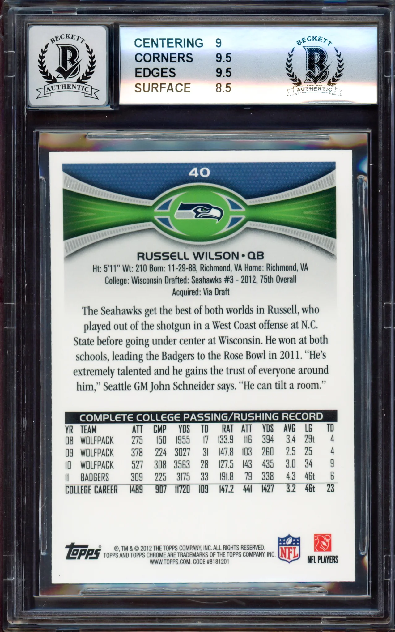 Russell Wilson Autographed 2012 Topps Chrome Rookie Card #40A Seattle Seahawks BGS 9 Auto Grade Gem Mint 10 Beckett BAS Stock #214866 - Image 2