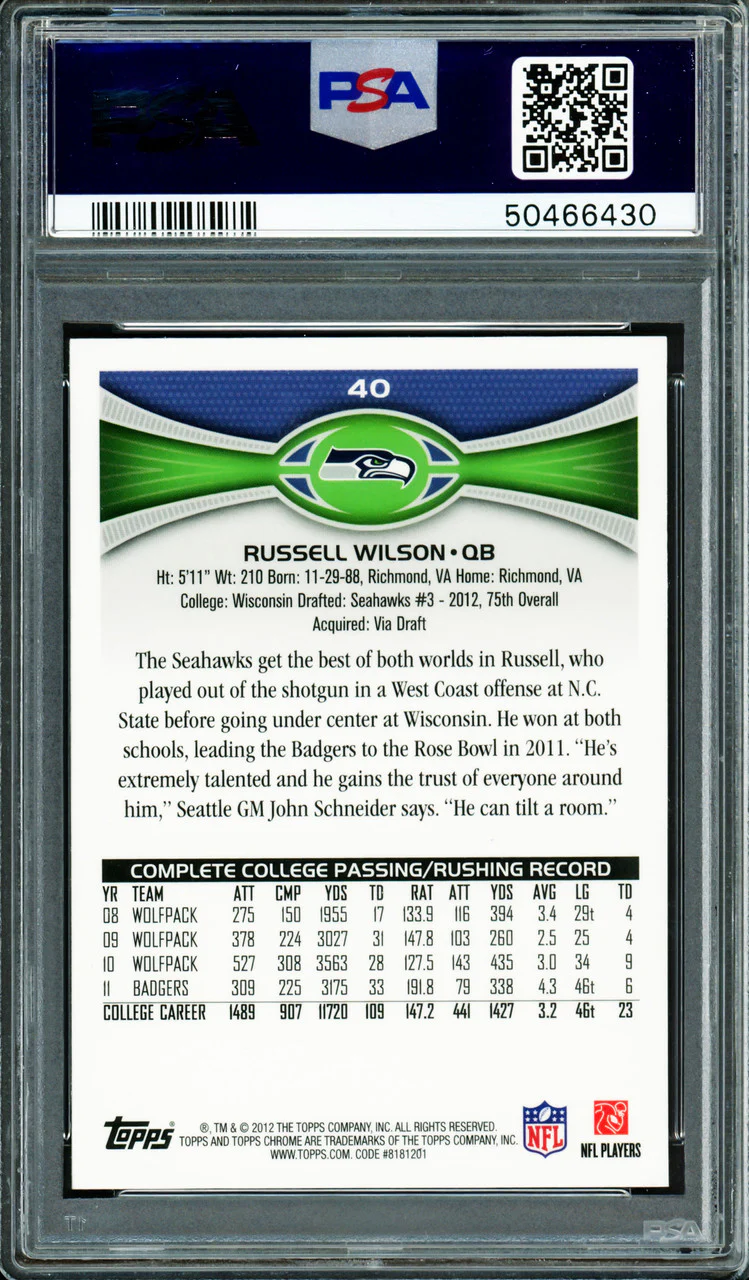 Russell Wilson Autographed 2012 Topps Chrome Rookie Card #40A Seattle Seahawks PSA 8 Auto Grade Gem Mint 10 PSA/DNA Stock #260158 - Image 2