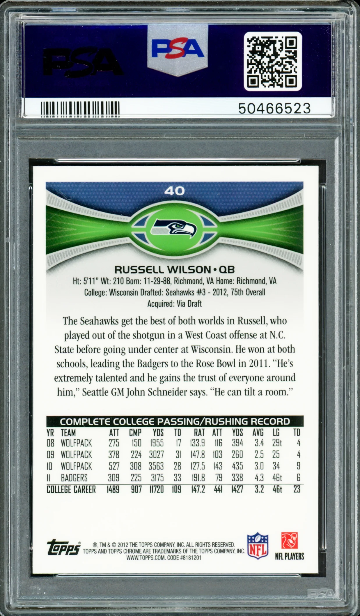 Russell Wilson Autographed 2012 Topps Chrome Rookie Card #40A Seattle Seahawks PSA 9 Auto Grade Gem Mint 10 PSA/DNA Stock #220174 - Image 2