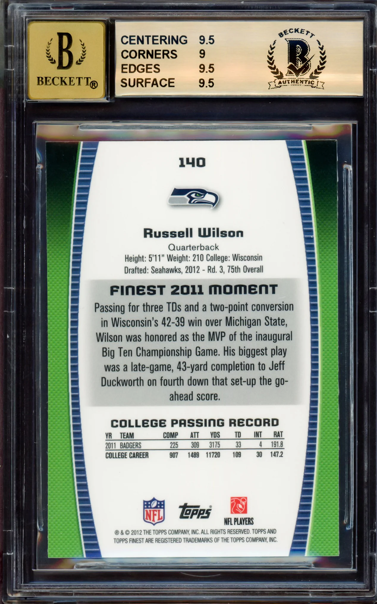 Russell Wilson Autographed 2012 Topps Finest Rookie Card #140 Seattle Seahawks BGS 9.5 Auto Grade Gem Mint 10 Beckett BAS #15530126 - Image 2