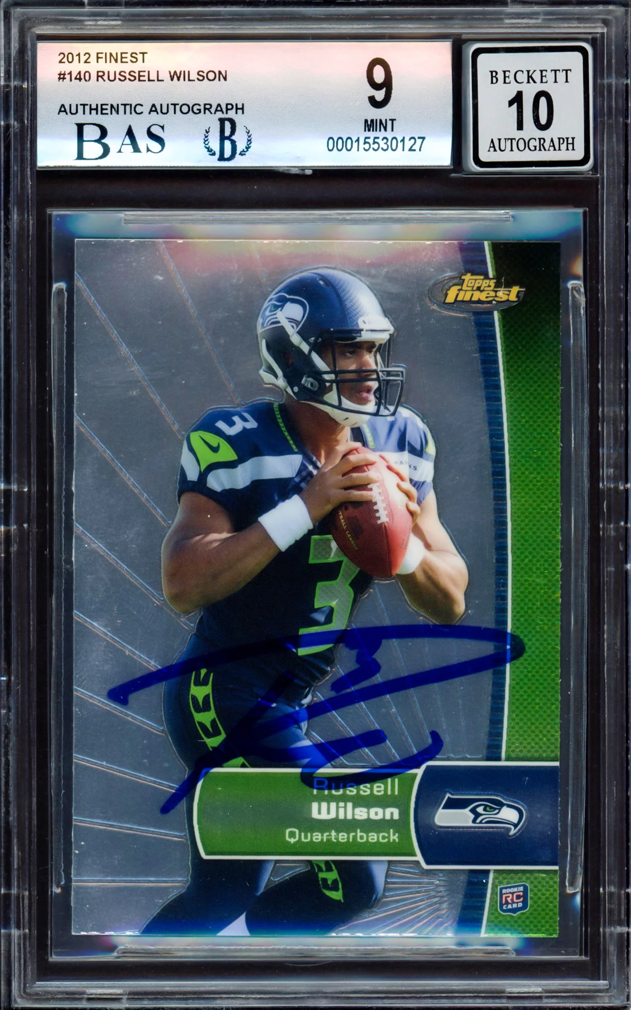 Russell Wilson Autographed 2012 Topps Finest Rookie Card #140 Seattle Seahawks BGS 9 Auto Grade Gem Mint 10 Beckett BAS #15530127