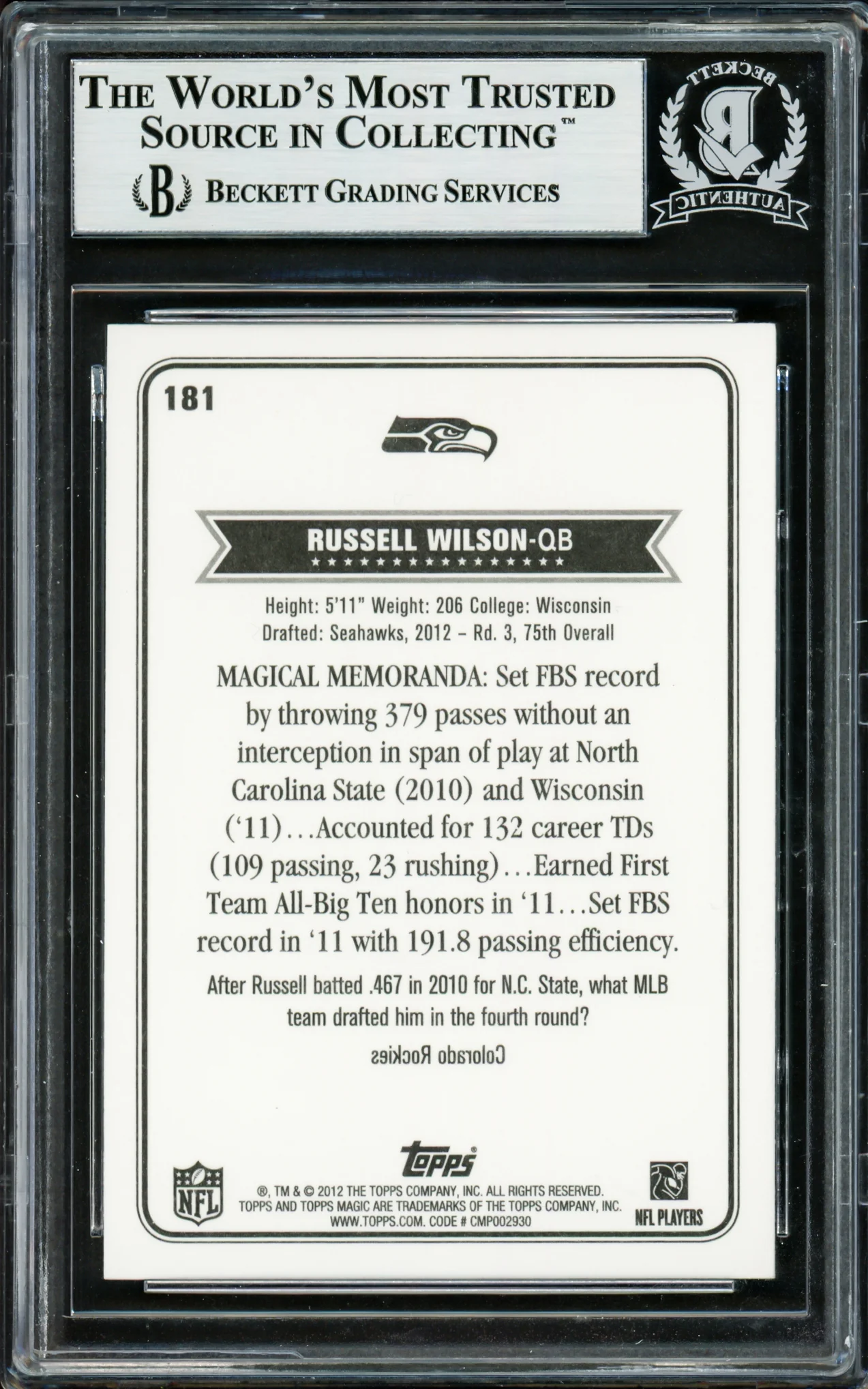 Russell Wilson Autographed 2012 Topps Magic Rookie Card #181 Seattle Seahawks Beckett BAS Stock #220160 - Image 2