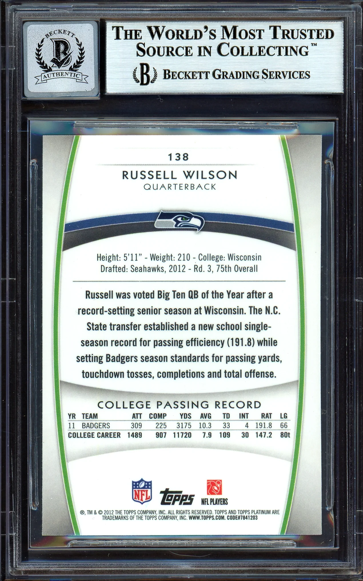 Russell Wilson Autographed 2012 Topps Platinum Rookie Card #138 Seattle Seahawks Auto Grade Gem Mint 10 Beckett BAS #13315617 - Image 2