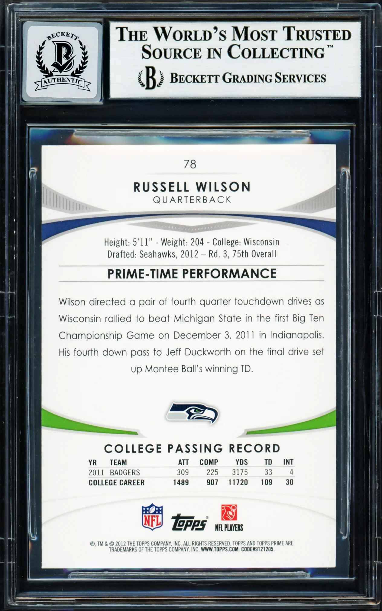 Russell Wilson Autographed 2012 Topps Prime Rookie Card #78 Seattle Seahawks Auto Grade Gem Mint 10 Beckett BAS Stock #220161 - Image 2