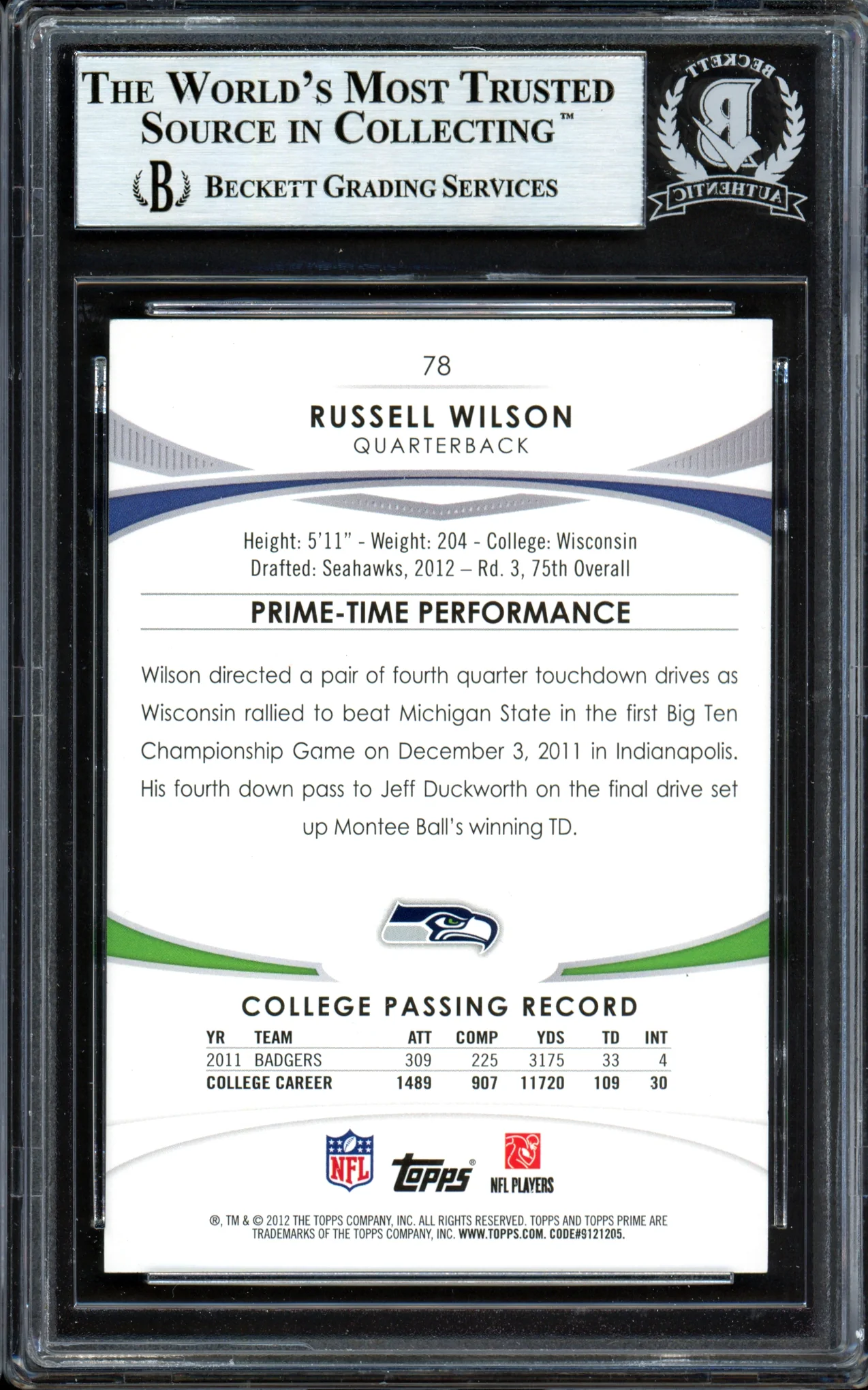 Russell Wilson Autographed 2012 Topps Prime Rookie Card #78 Seattle Seahawks Beckett BAS #13447127 - Image 2