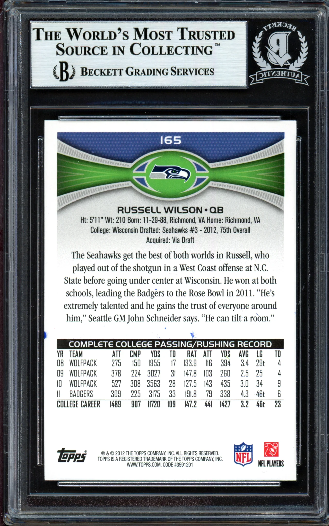 Russell Wilson Autographed 2012 Topps Rookie Card #165 Seattle Seahawks Beckett BAS #13447100 - Image 2