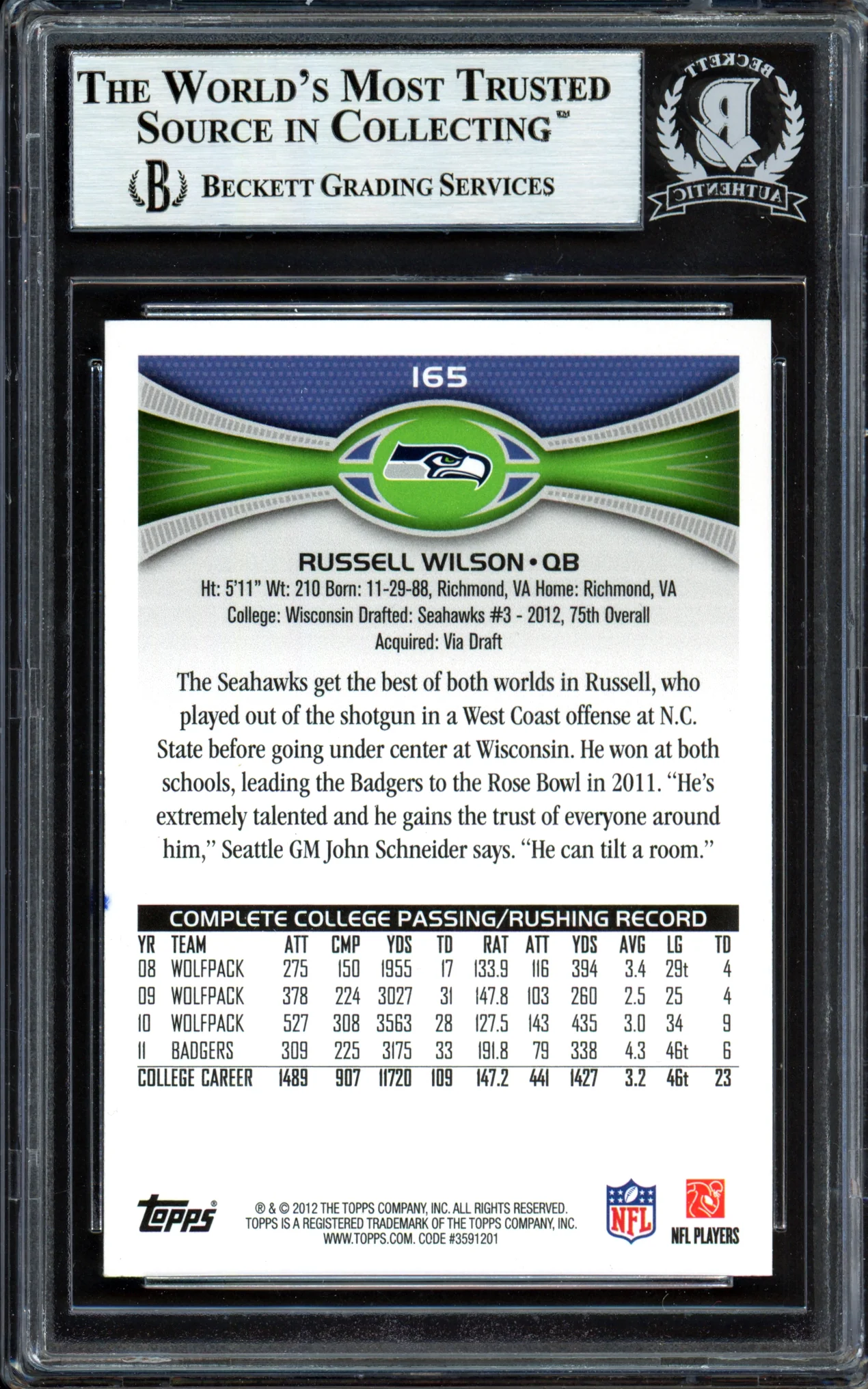Russell Wilson Autographed 2012 Topps Rookie Card #165 Seattle Seahawks Beckett BAS #13447102 - Image 2