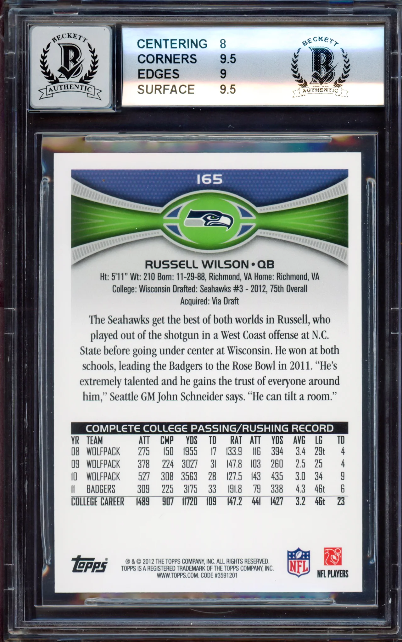 Russell Wilson Autographed 2012 Topps Rookie Card #165A Seattle Seahawks BGS 8.5 Auto Grade Gem Mint 10 Beckett BAS Stock #214870 - Image 2