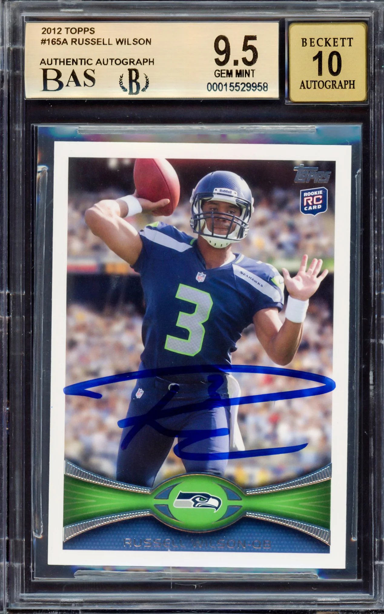 Russell Wilson Autographed 2012 Topps Rookie Card #165A Seattle Seahawks BGS 9.5 Auto Grade Gem Mint 10 Beckett BAS Stock #214868