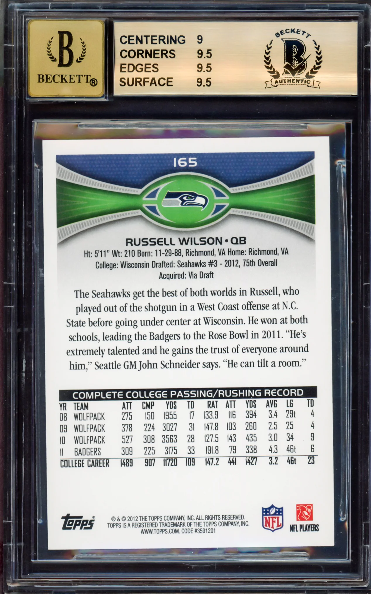 Russell Wilson Autographed 2012 Topps Rookie Card #165A Seattle Seahawks BGS 9.5 Auto Grade Gem Mint 10 Beckett BAS Stock #214868 - Image 2