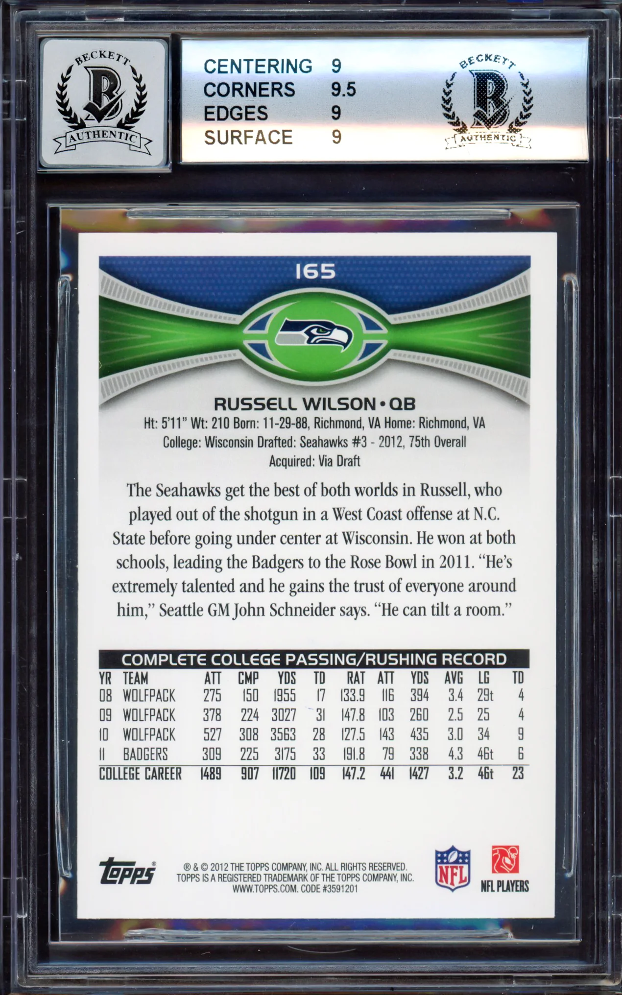 Russell Wilson Autographed 2012 Topps Rookie Card #165A Seattle Seahawks BGS 9 Auto Grade Gem Mint 10 Beckett BAS Stock #214869 - Image 2