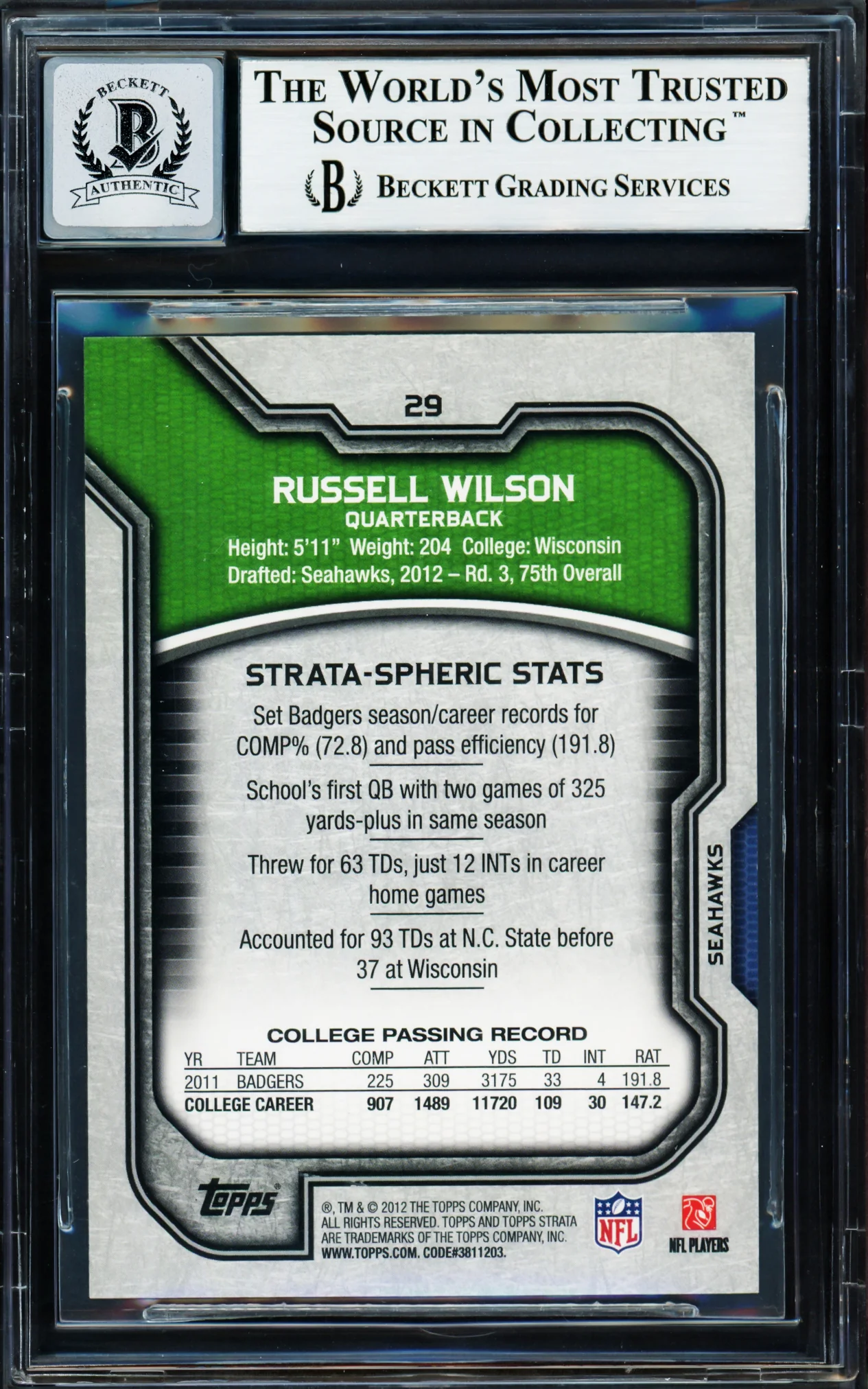Russell Wilson Autographed 2012 Topps Strata Rookie Card #29 Seattle Seahawks Auto Grade Gem Mint 10 Beckett BAS Stock #220163 - Image 2