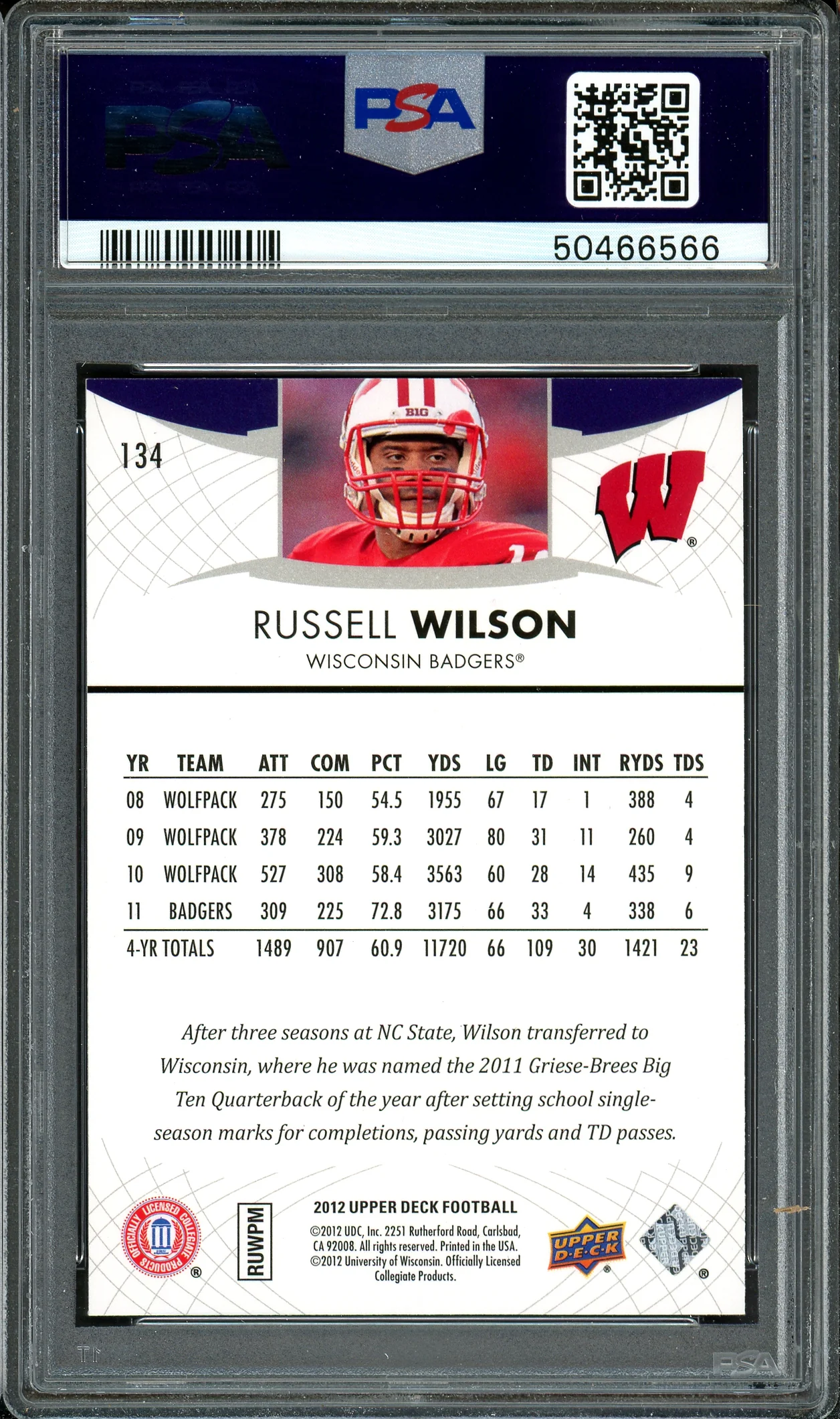 Russell Wilson Autographed 2012 Upper Deck Rookie Card #134 Seattle Seahawks Auto Grade 10 Card Grade Mint 9 PSA/DNA #50466566 - Image 2