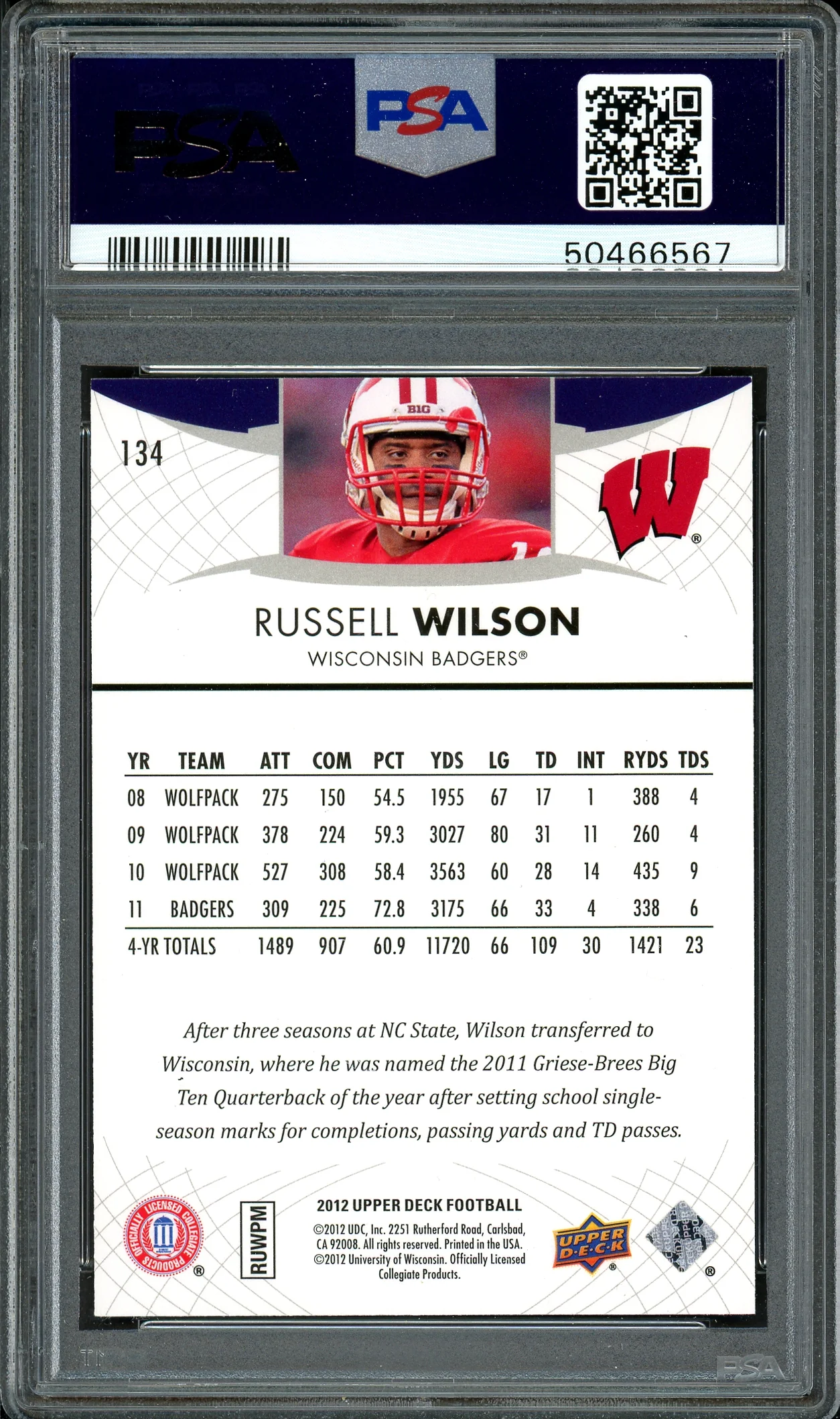Russell Wilson Autographed 2012 Upper Deck Rookie Card #134 Seattle Seahawks Auto Grade 10 Card Grade Mint 9 PSA/DNA #50466567 - Image 2