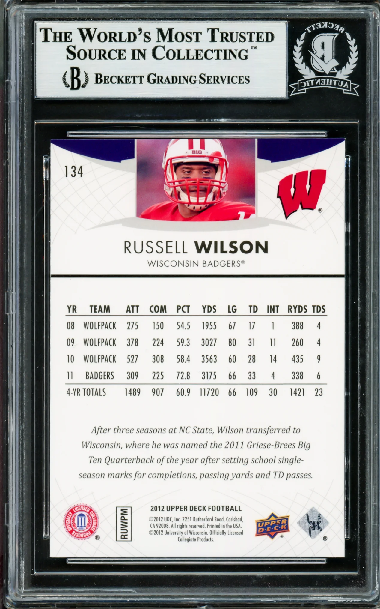 Russell Wilson Autographed 2012 Upper Deck Rookie Card #134 Seattle Seahawks Beckett BAS Stock #211228 - Image 2