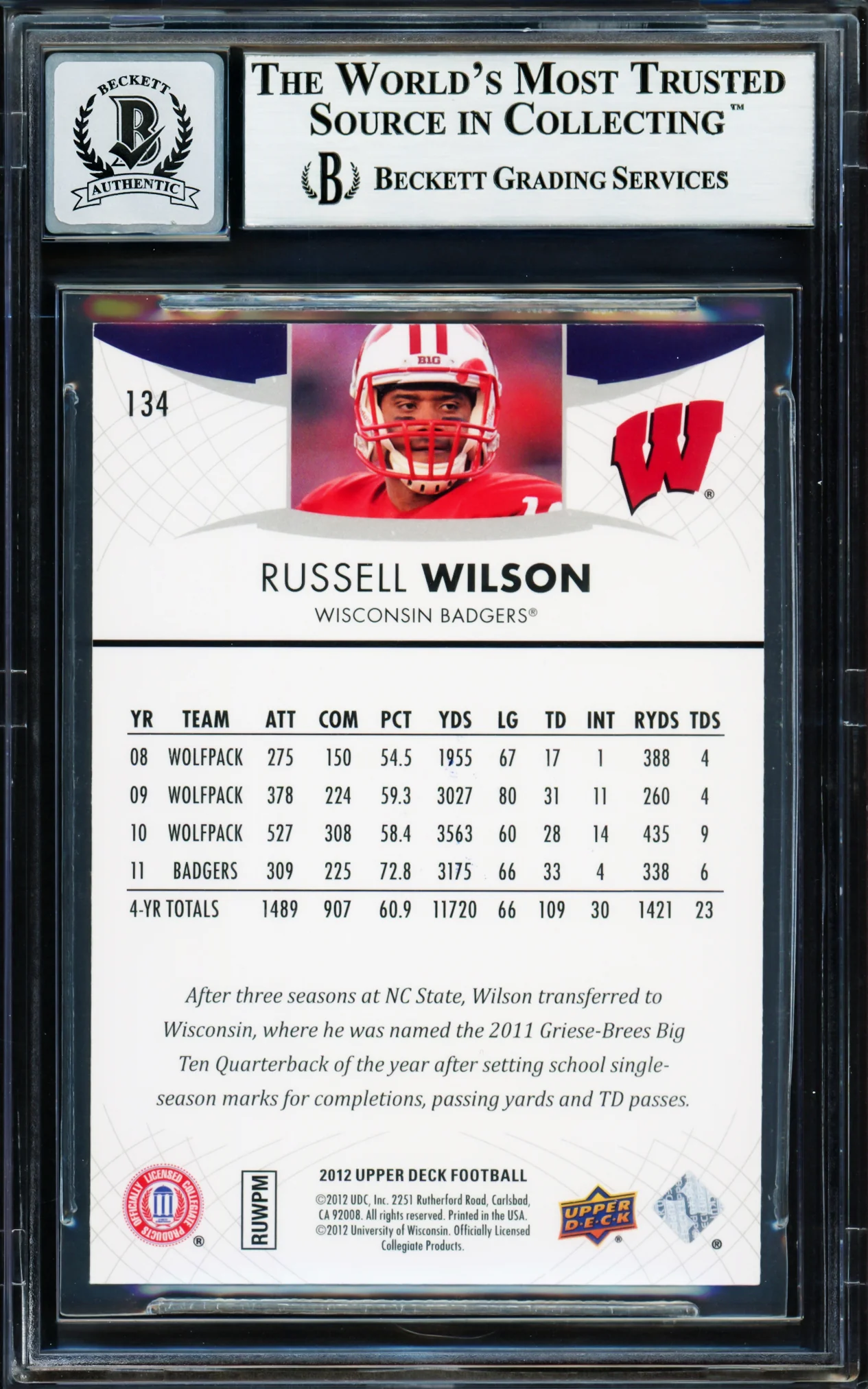 Russell Wilson Autographed 2012 Upper Deck Rookie Card #134 Wisconsin Badgers Auto Grade Gem Mint 10 Beckett BAS Stock #220167 - Image 2