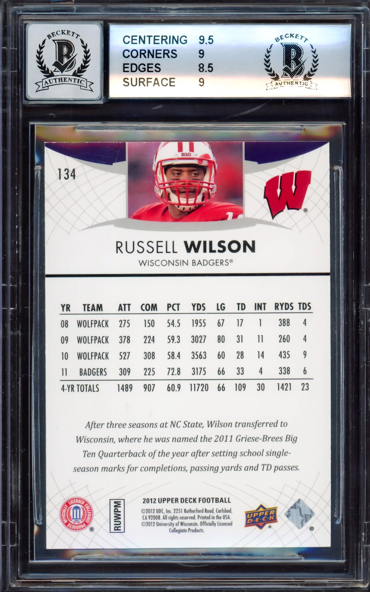 Russell Wilson Autographed 2012 Upper Deck Rookie Card #134 Wisconsin Badgers BGS 9 Auto Grade Gem Mint 10 Beckett BAS Stock #214873 - Image 2