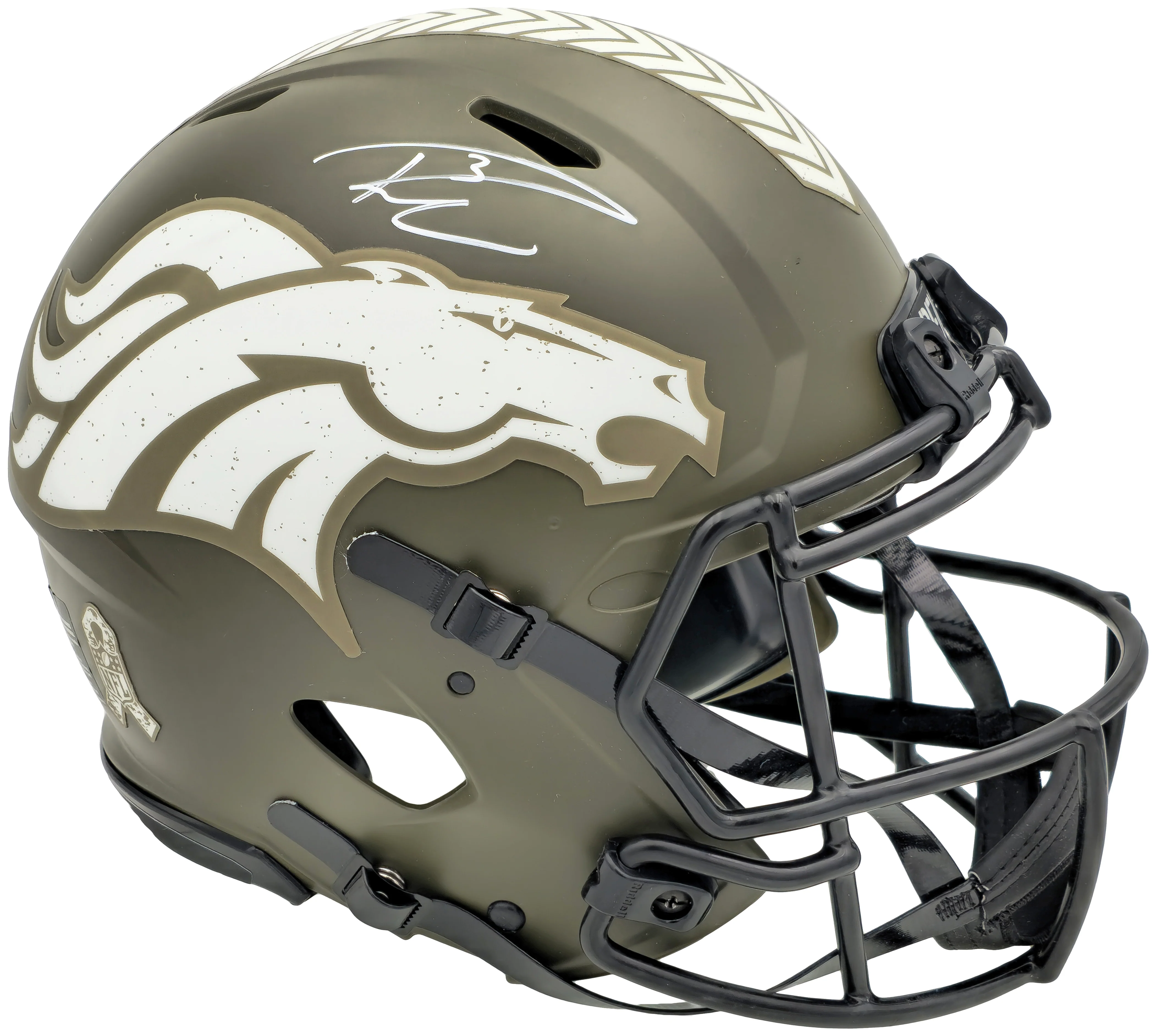Russell Wilson Autographed Denver Broncos Camo Green Salute to Service Full Size Authentic Speed Helmet Fanatics Holo Stock #227929