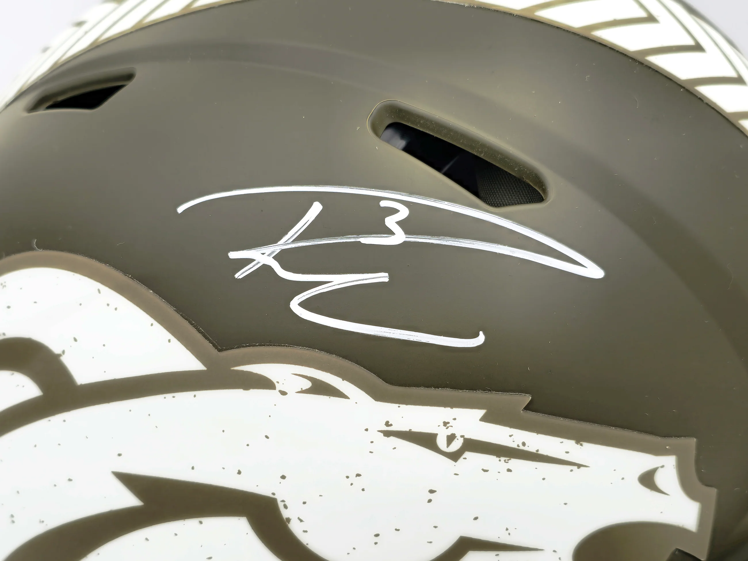 Russell Wilson Autographed Denver Broncos Camo Green Salute to Service Full Size Authentic Speed Helmet Fanatics Holo Stock #227929 - Image 2