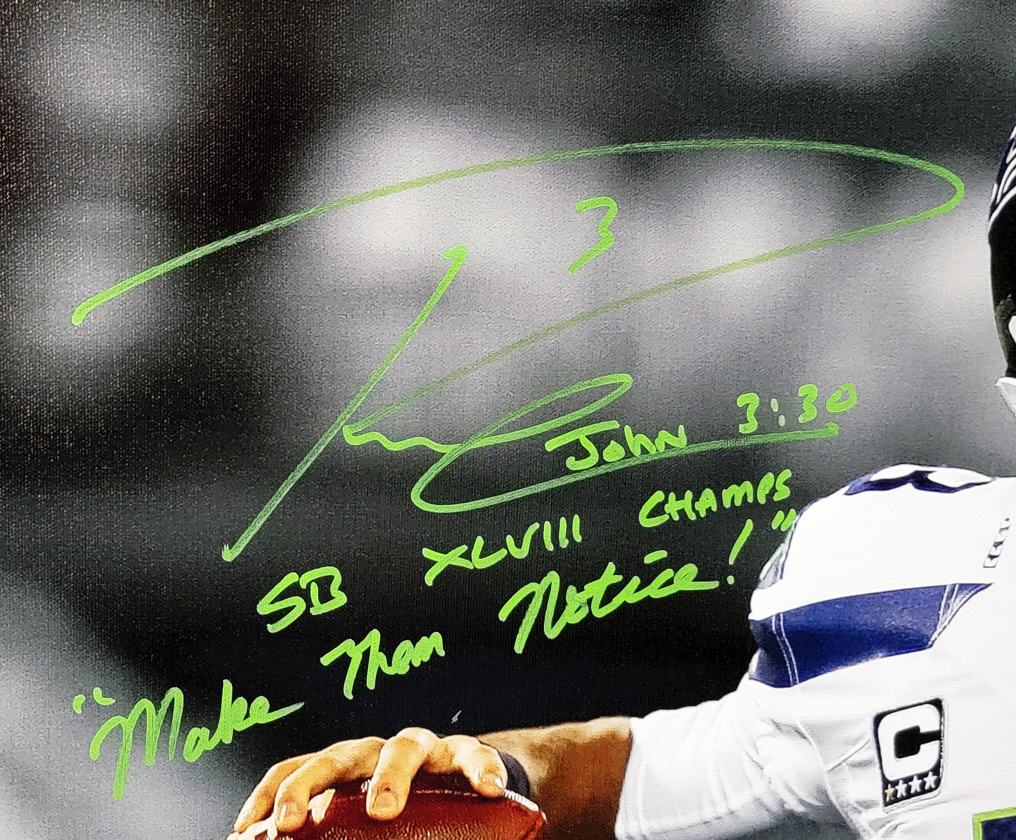 Russell Wilson Autographed Framed 24x30 Canvas Photo Seattle Seahawks "SB XLVIII Make Them Notice!" #1/48 Beckett BAS #WE98425 - Image 2