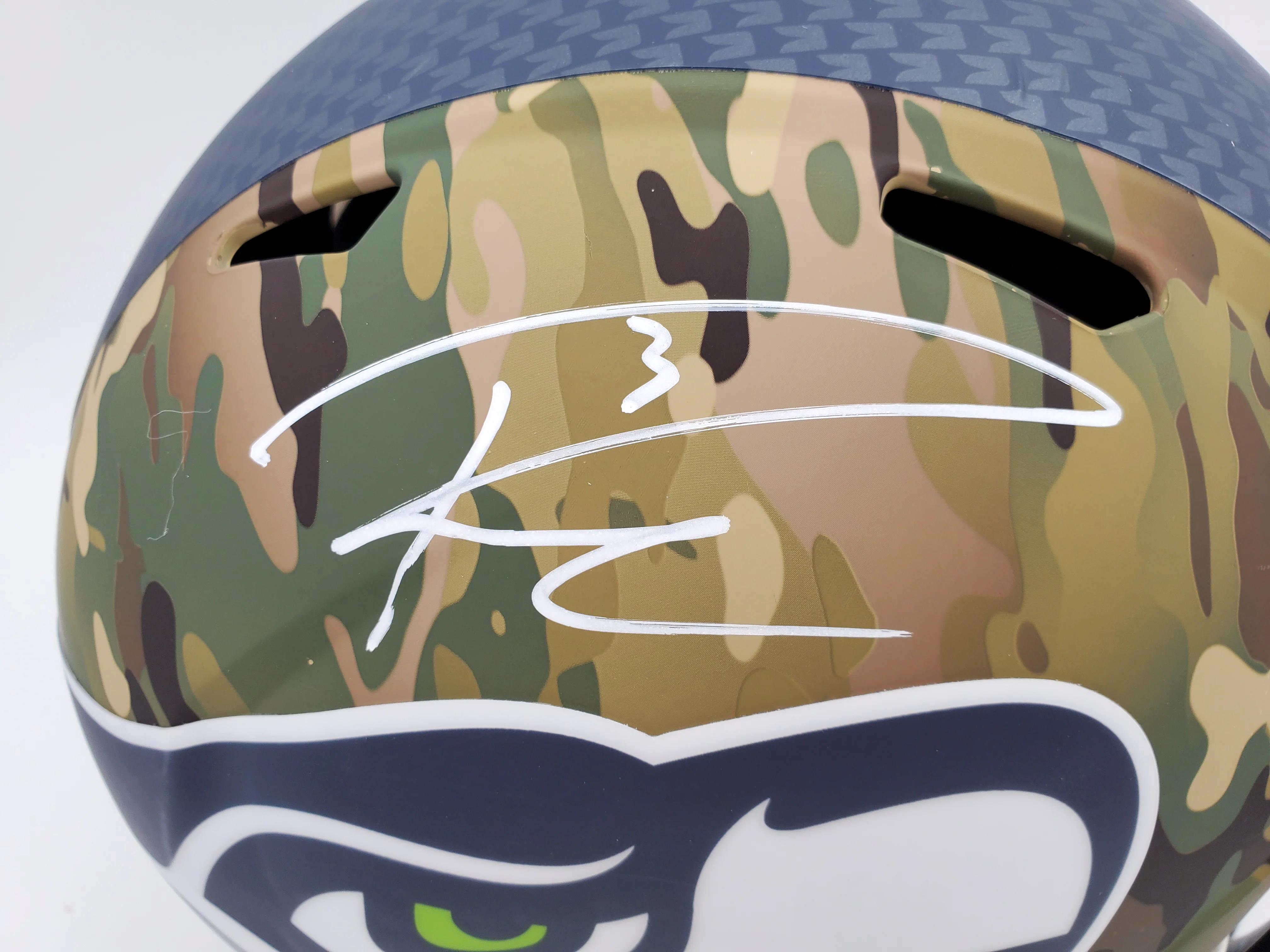 Russell Wilson Autographed Seattle Seahawks Camo Full Size Replica Speed Helmet RW Holo & Beckett BAS Stock #182232 - Image 2
