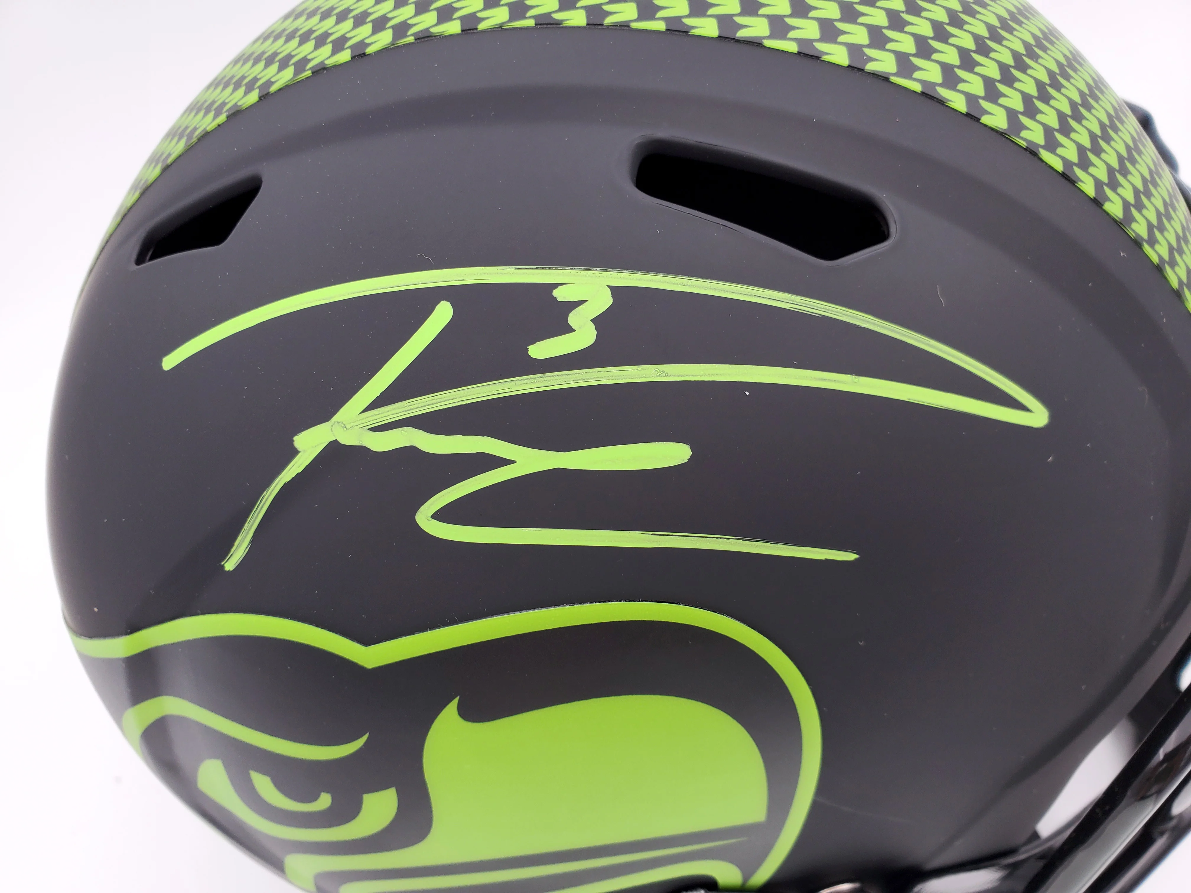 Russell Wilson Autographed Seattle Seahawks Eclipse Black Full Size Speed Replica Helmet In Green RW Holo Stock #178955 - Image 2