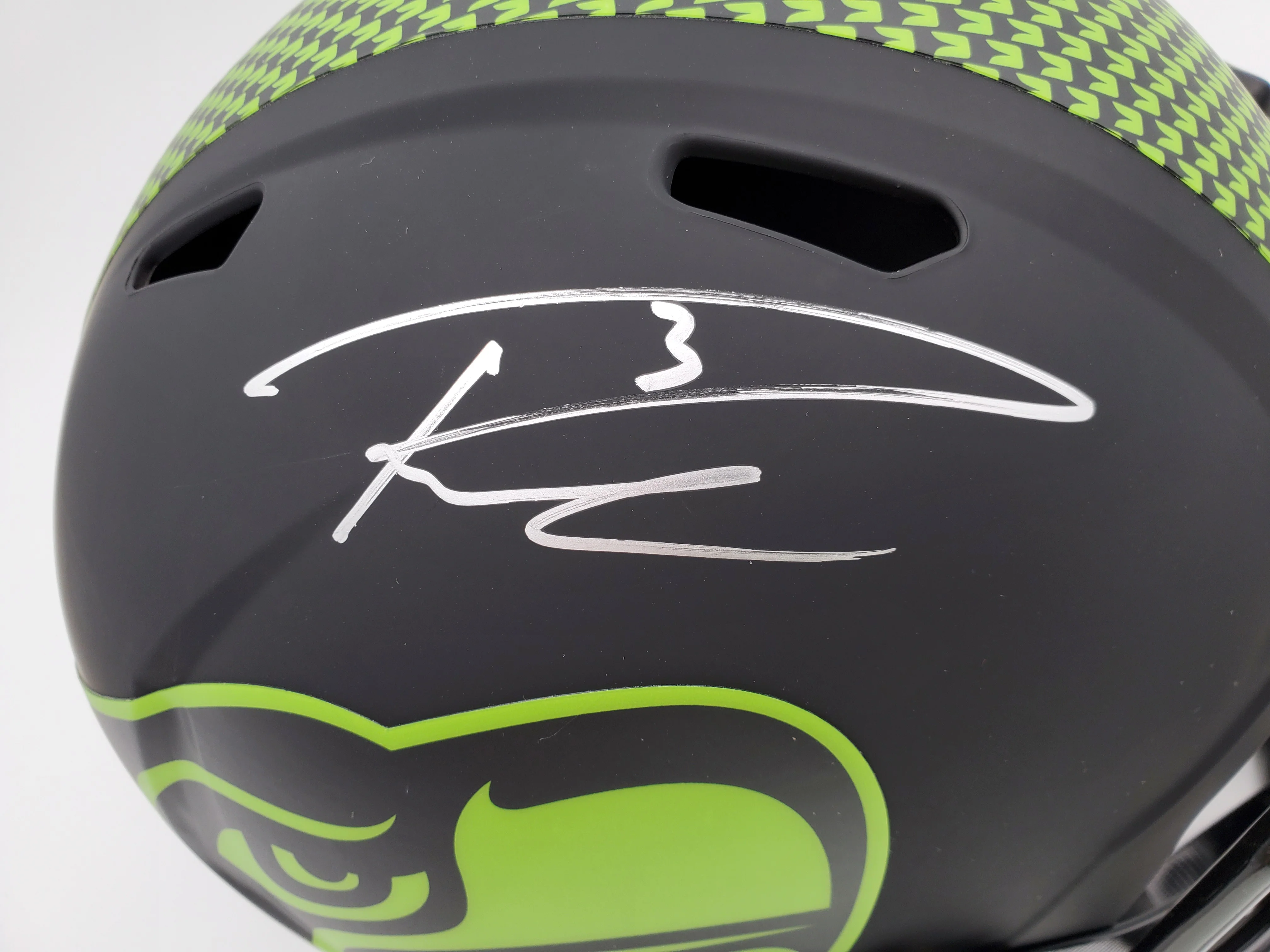 Russell Wilson Autographed Seattle Seahawks Eclipse Black Full Size Speed Replica Helmet In Silver RW Holo Stock #178956 - Image 2
