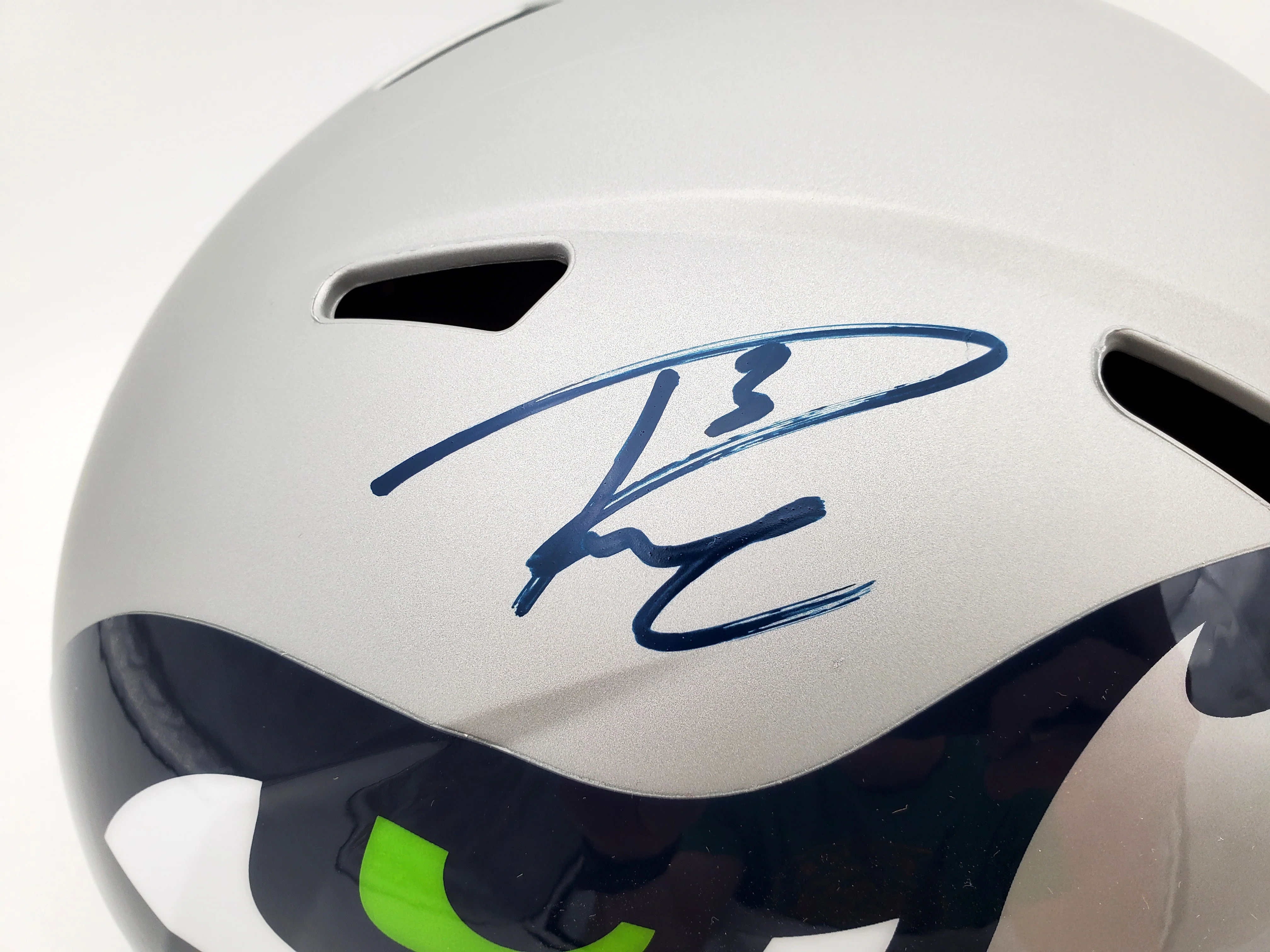 Russell Wilson Autographed Seattle Seahawks Gray AMP Full Size Speed Replica Helmet In Blue RW Holo Stock #159113 - Image 2